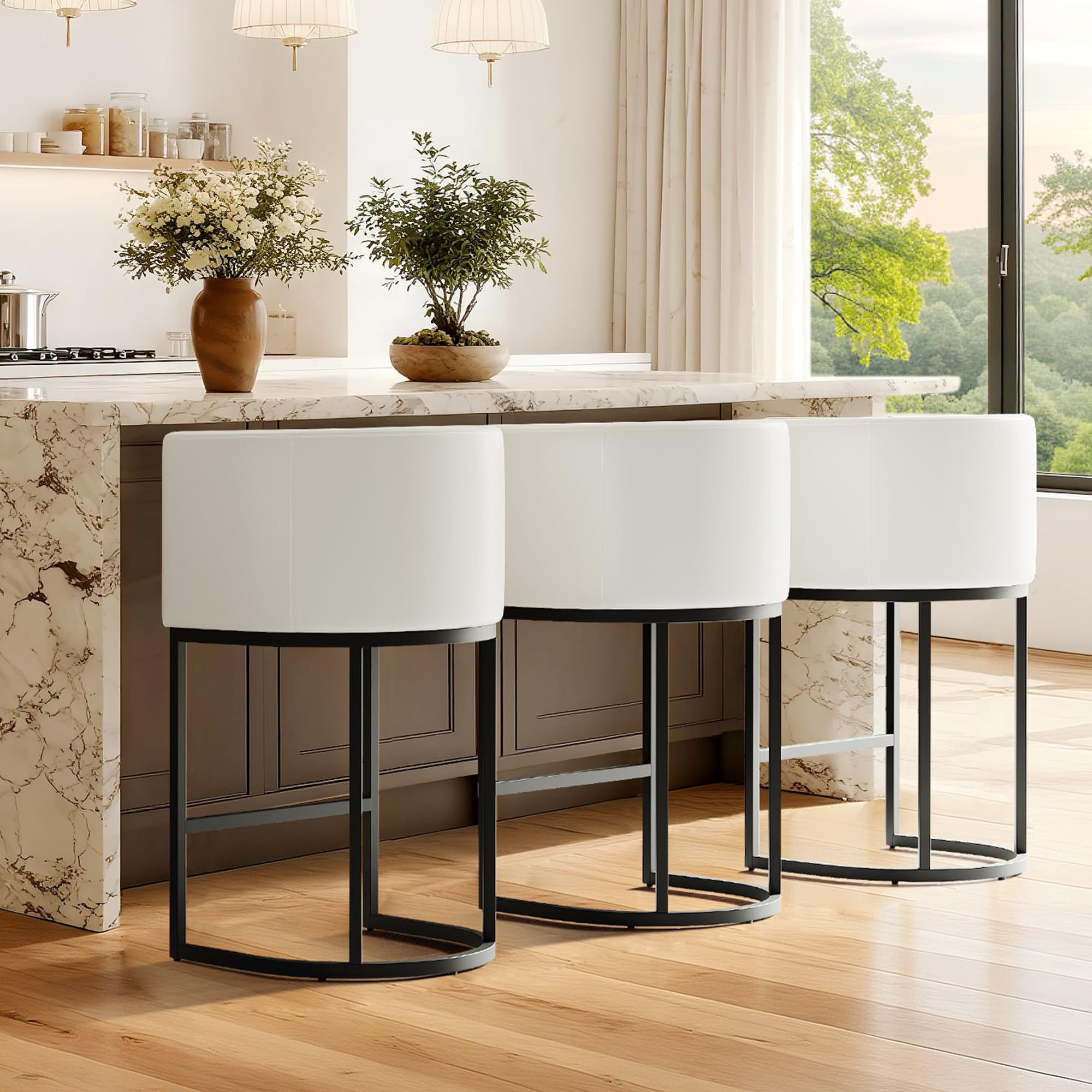 LVHOMLAX Modern Counter Height Bar Stools,Bar Stools Set of 3,PU Leather Upholstered Barrel Barstools with Backs,26'' Kitchen Island Chairs,Metal