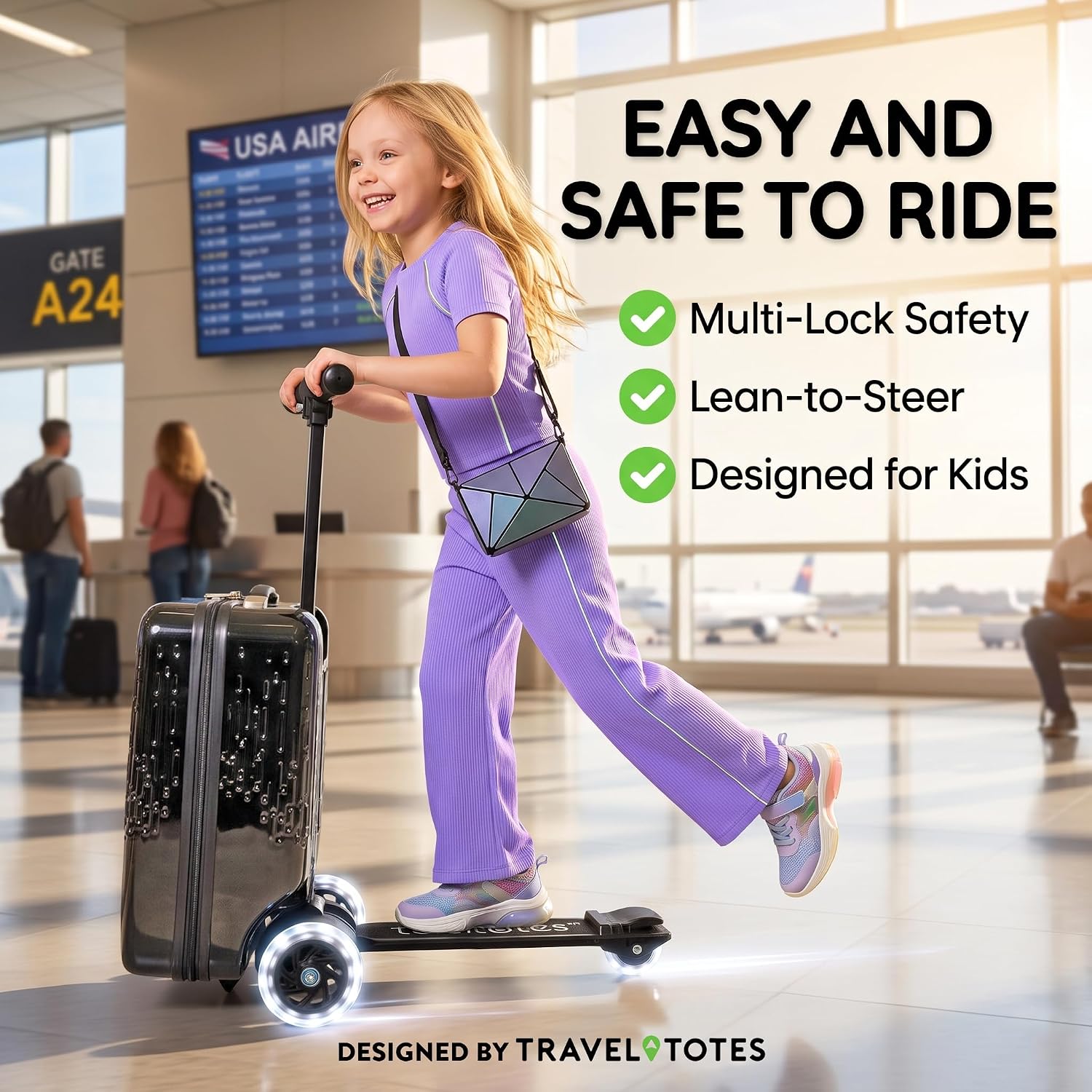 Detachable Kids Scooter Luggage, Fold-Flat Ride-On Carry-On | TSA-compliant kids' carry-on that becomes a ride-on scooter. Ages 4+, holds up to 150 lb, 27L storage, 1-year warranty.