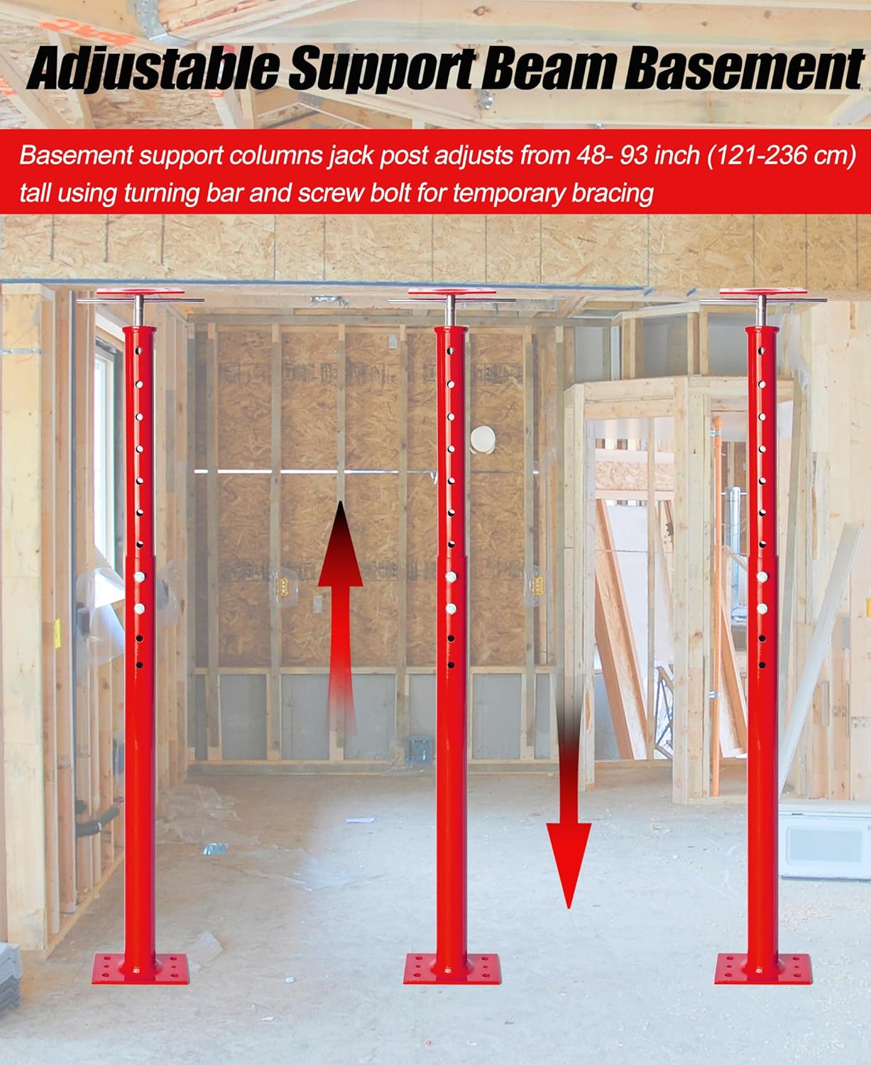 2 Pack House Floor Jacks Post Pole for Leveling, 48"- 93" Height Range Lifting Shore House Jack Post, Adjustable Support Beam Basement House Jacks for Temporary Support, 18000 lbs Max Load Capacity