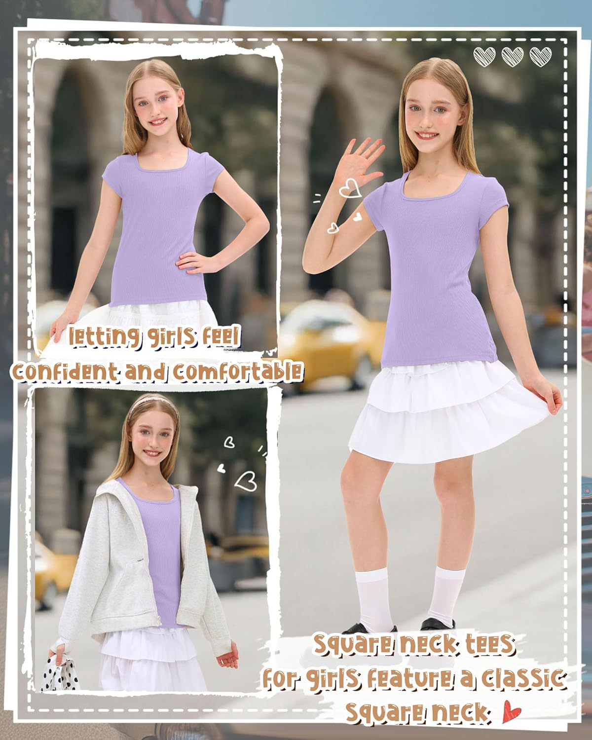 Ficerd Girls Cap Sleeve T Shirts Kids Ribbed Knit Square Neck Short Sleeve Tees Summer Slim Fit Teen Basic Tops