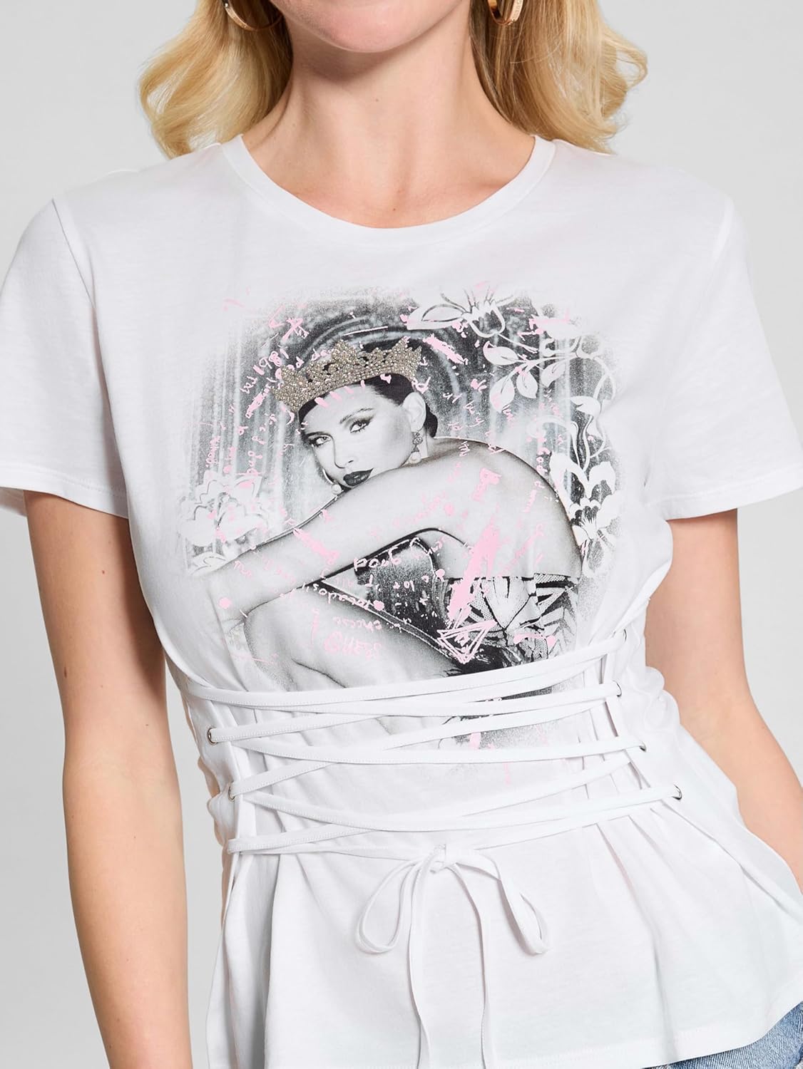 Guess Womens Eco Short Sleeve Duchess Lace Up Tee - Image 3