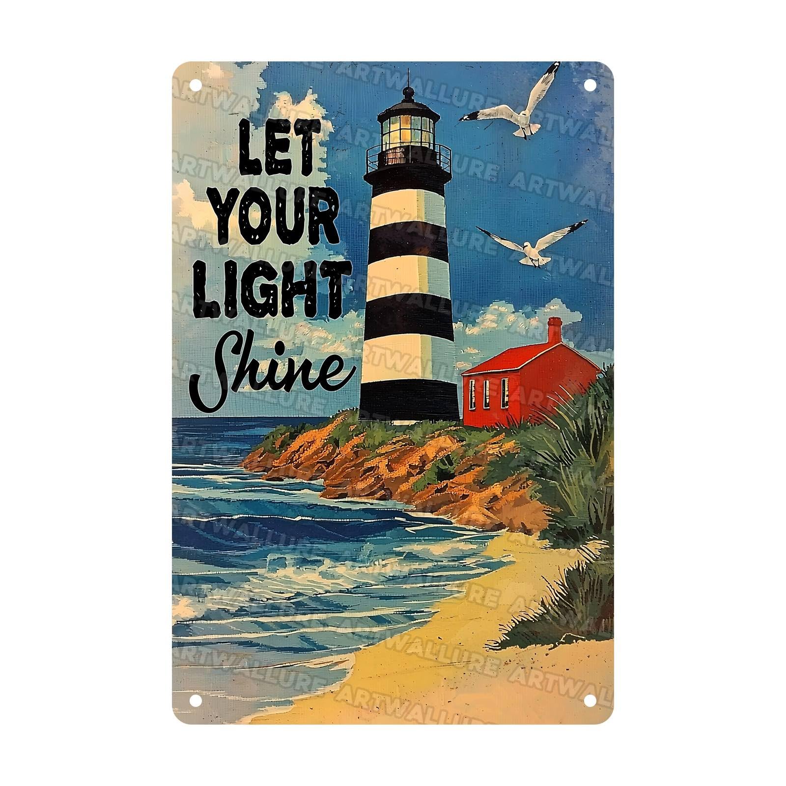 Lighthouse Vintage Tin Sign Let Your Light Shine Summer Beach Coastal Metal Sign for Cafes Bar Pub Beer Club Wall Home Decor 8x12Inch