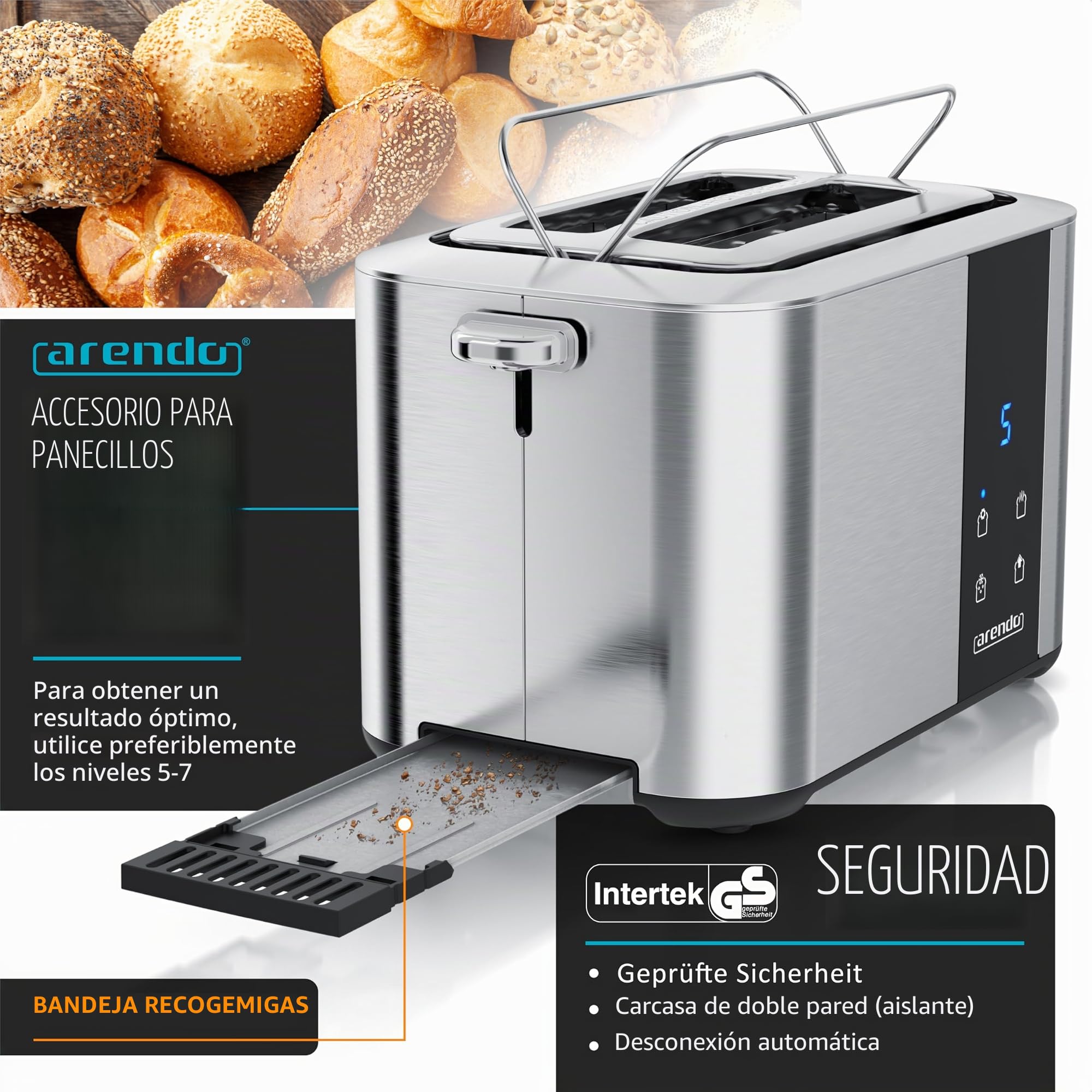 Arendo - Tostadora de acero inoxidable con ranura larga de 2 rebanadas - Pantalla táctil - Caja de doble pared - Rejilla recalentador de bollería integrada - 7 niveles de bruñido - Centrado del pan -