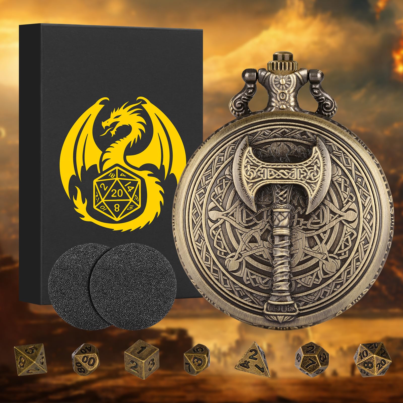 Mini Dés DND Steampunk – Coffret Montre De Poche Avec 7 Dés Polyédriques En Métal – Bronze, Cadeau Pour Joueurs