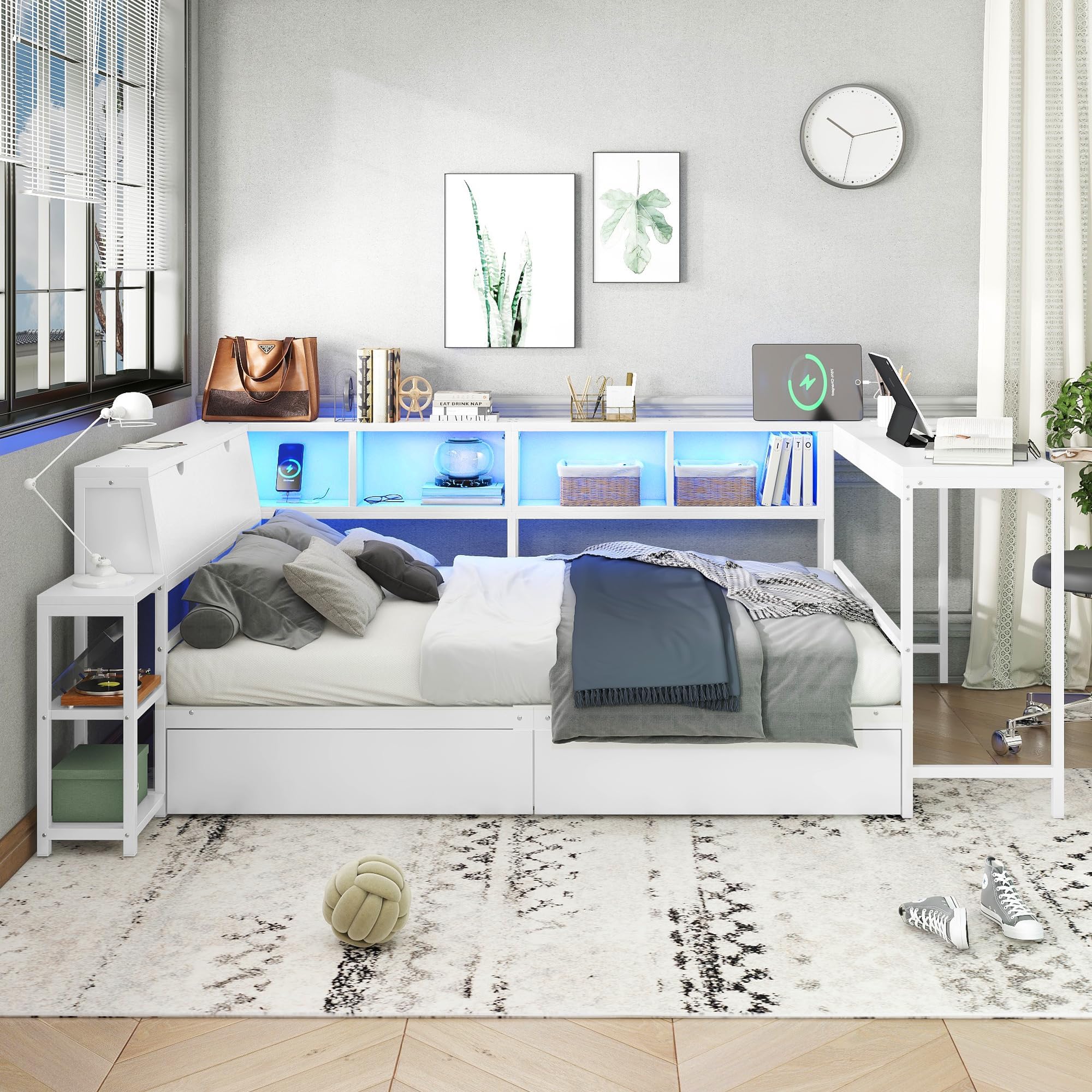 Bellemave Queen Size Corner Bed Frame with Desk and Storage Drawers,Queen Metal Platform Corner Bed Frame with Charging Station and LED Lights, Queen Daybed for Kids Teens Guests,White