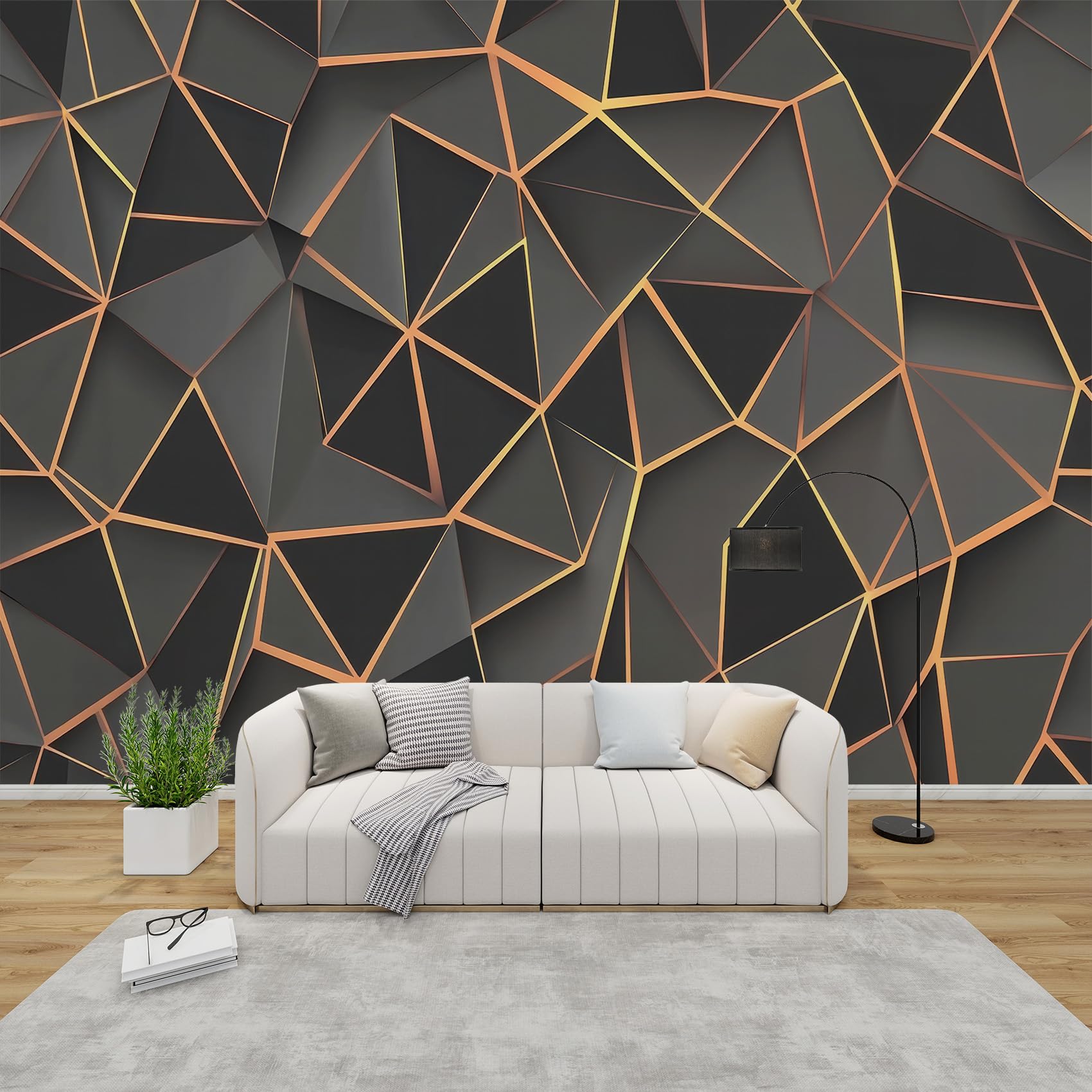 Qeodah Grey Geometric Wallpaper For Living Room, Modern Abstract Wall Art For Bedroom, Black And Gold Wall Murals For Bedrooms, Renter Friendly Removable Waterproof Non-Woven Photo Wallpaper 3D, 100X70 Cm