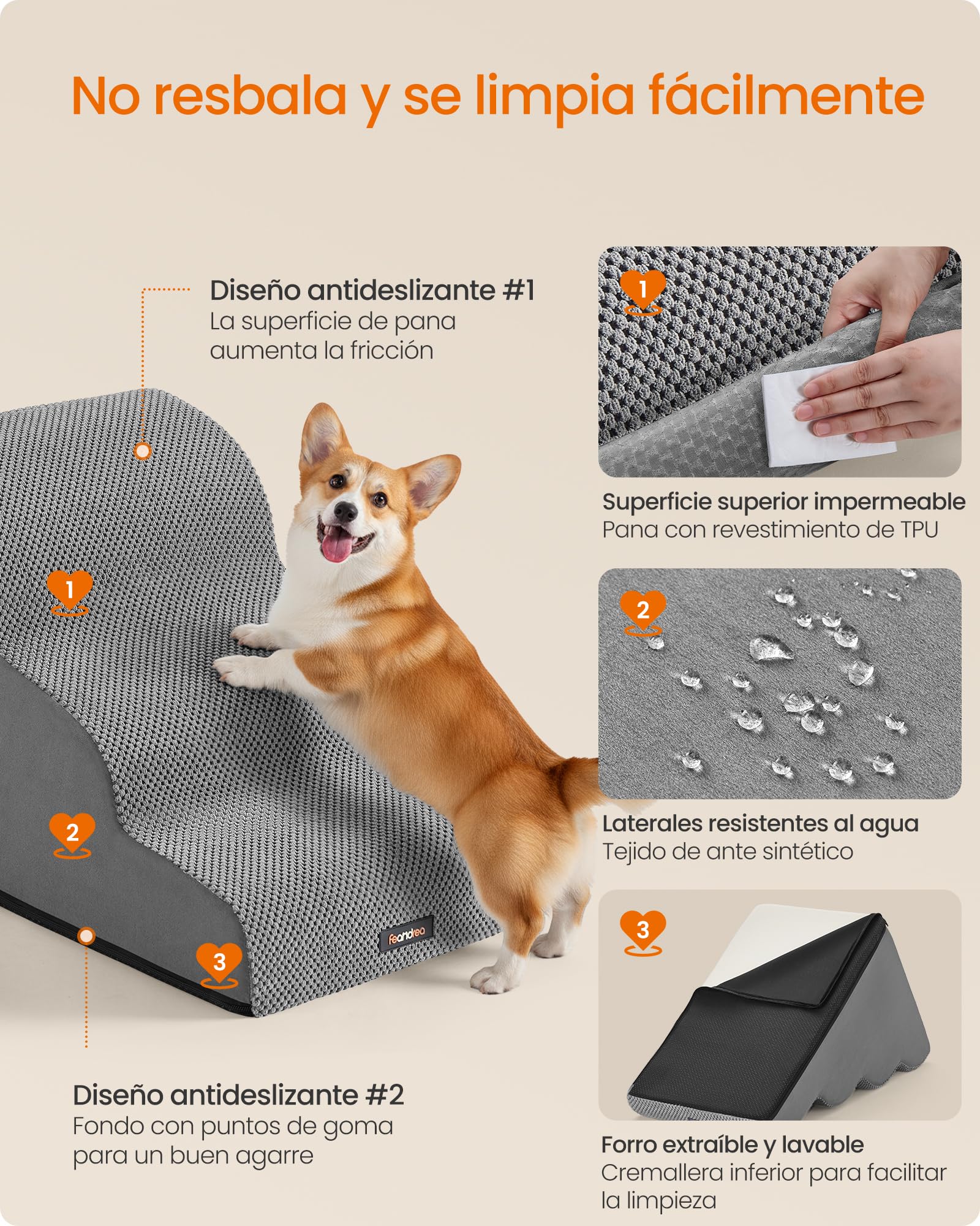 Feandrea Escalera para Perros de 3 Peldaños, Terciopelo Gofrado, para Cama, Sofá, Impermeable con Diseño Antideslizante, Pendiente Suave, Cubierta Lavable Extraíble, Asa, Gris Paloma PPS013GD01