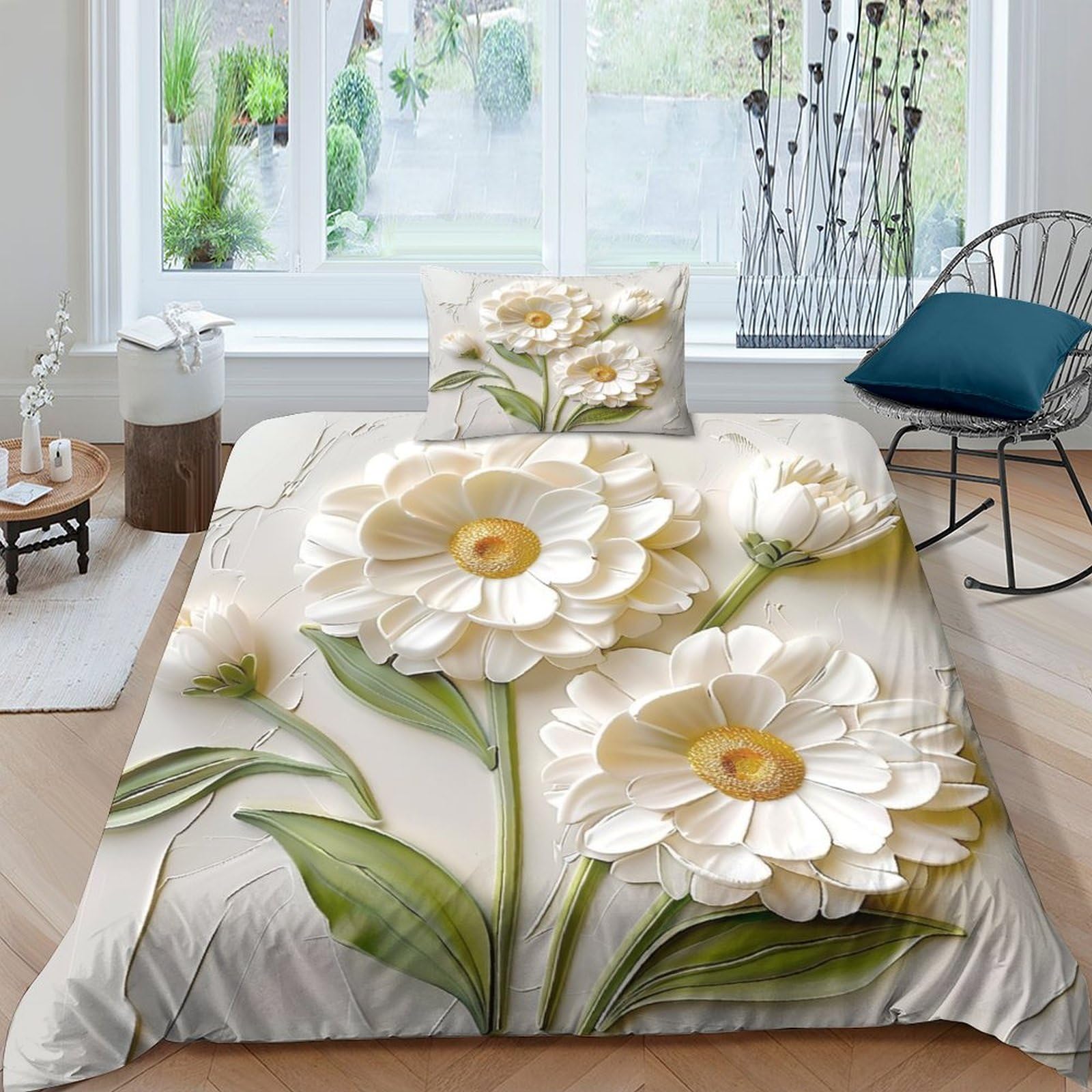 Bardys Style-9 White Daisy 3D Print Cameo For Teens And Adults Comforter Covers Quilt Cover Duvet Cover With Zipper Closure Bedding Set Soft Microfiber With Pillow Cases 3 Pieces Single（135X200cm）