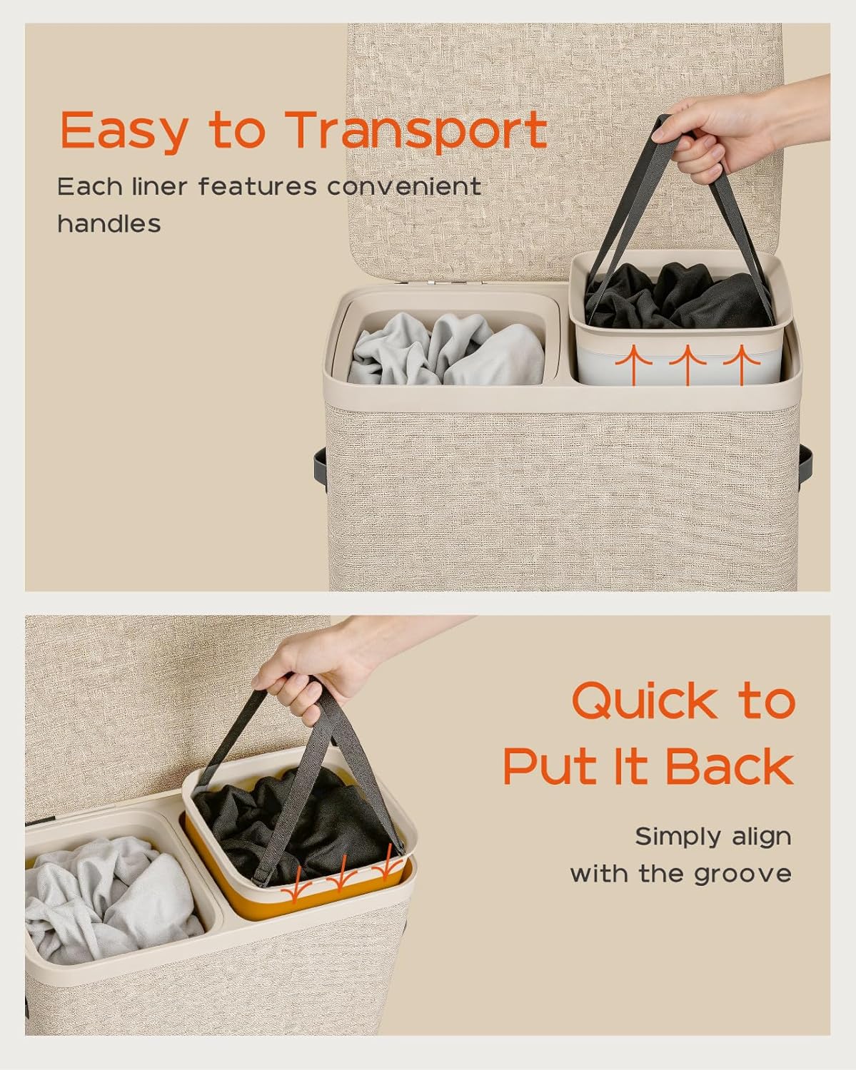 CASAMAYA Laundry Basket with Lid, Laundry Hamper 2 Section, 170L collapsible Laundry Organizer, Easy Assembly, with Handles and Removable Liners, 22 x 15.7 x 29.5 Inches, Beige JSP903M
