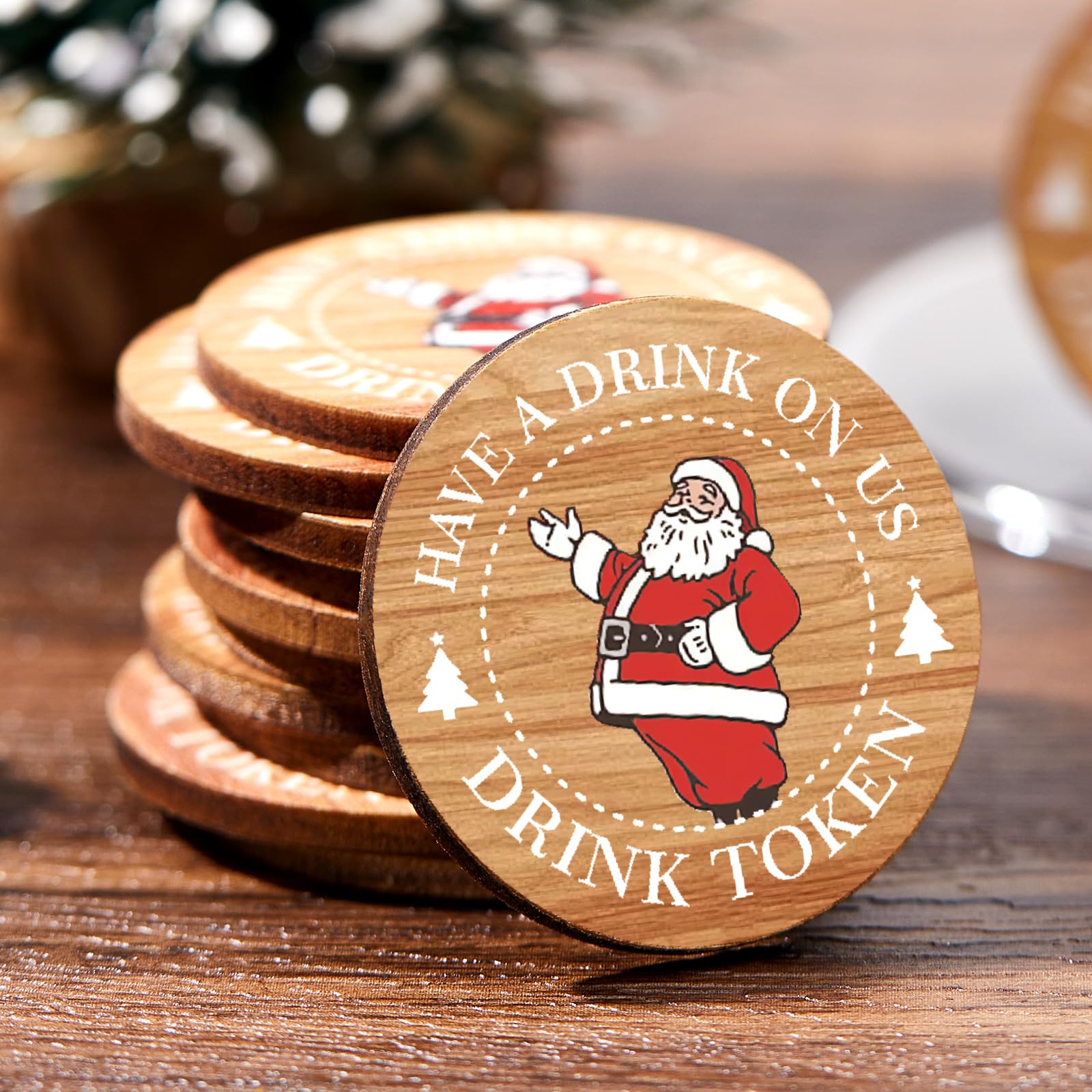 Marsui 50 Pcs Wooden Drink Tokens Wedding Beverage Tickets,Santa Pattern