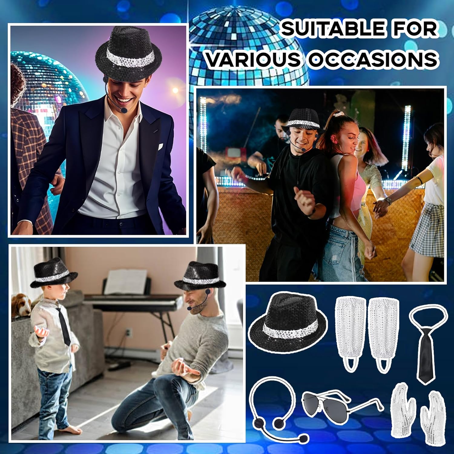 8 Pcs Pop Star Costume, 80s Dancer Rocker Star Cosplay Fancy Dress Accessories with Jazz Sequin Hat Glove Sock Tie Sunglasses Head Microphone, King of Pop for Adults Carnival 80 Theme Party Halloween - Image 6