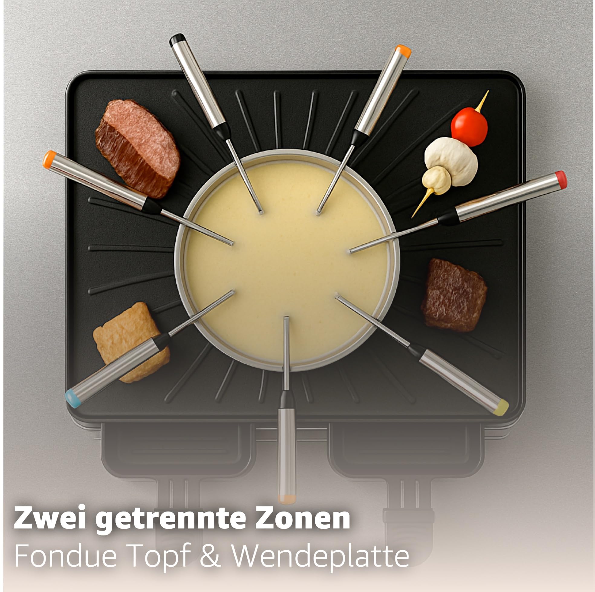 8 Personen Set Raclette - Mit Grillplatte & Fondue Topf Funktion - Tischgrill inkl. Pfännchen & Schaber (Fondue Set)