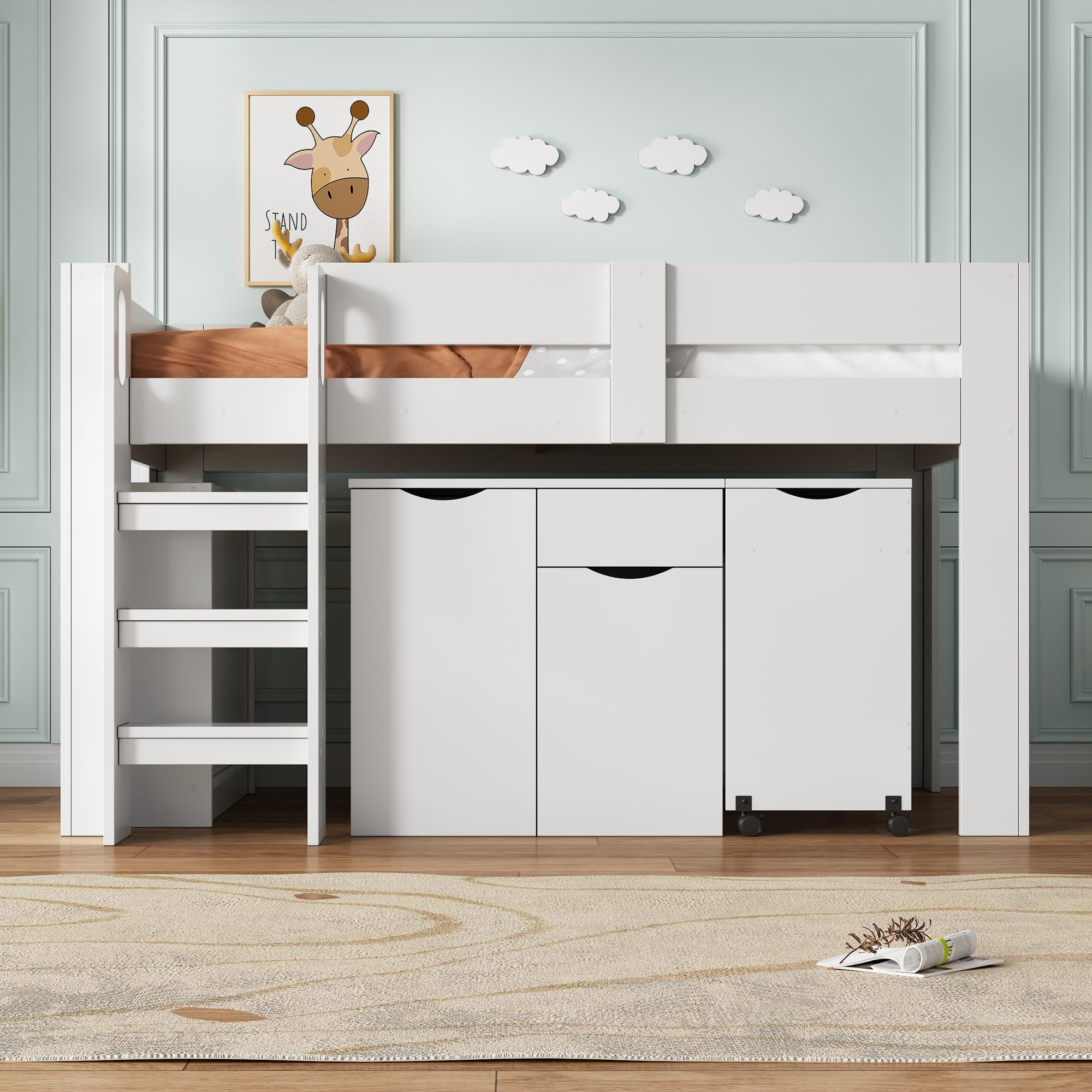 Etagenbett Kinderhochbett, multifunktionales Kinderbett, mit Leiter, mit Teleskopschreibtisch, mit herausnehmbarem Schrank, mit Schublade, 90 * 200 cm