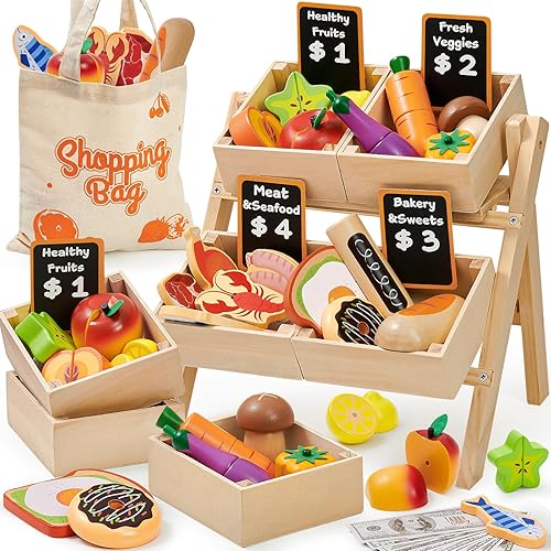 Toyssa Juegos de comida de madera para niños de cocina, alimentos de juguete para niños pequeños con colores realistas y estante, accesorios de