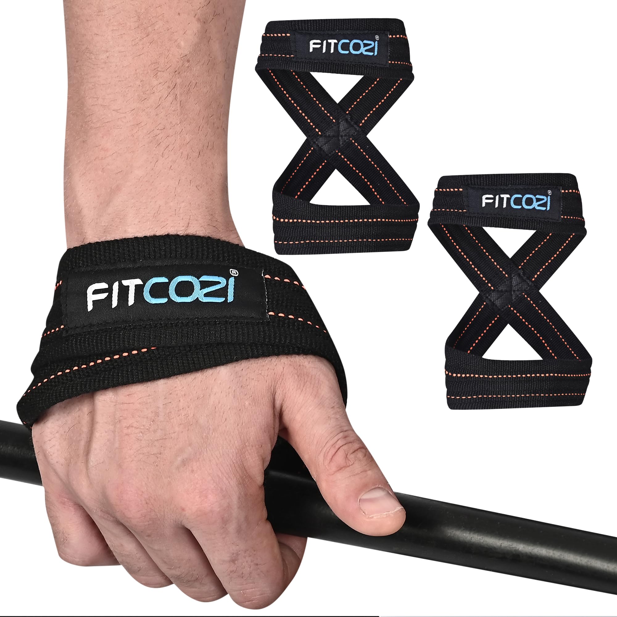 Fitcozi Figure 8 Lifting Straps Cotton Blac with Orange Lines – Heavy Duty CottonPadded Wrist Wraps for Deadlifts, Powerlifting & Strength Training-image-19