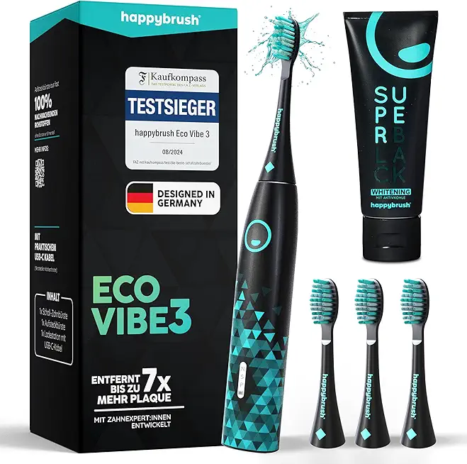happybrush® Schallzahnbürste Eco Vibe 3 – "Die Höhle der Löwen" – TESTSIEGER – Elektrische Zahnbürste mit 6 Wochen Akku – Ultraschall Zahnbürsten – Inkl. 3 Aufsteckbürsten - Black/Mint
