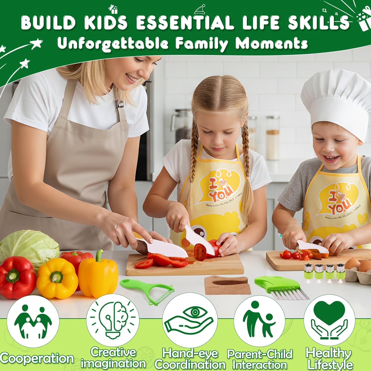16 Pieces Kids Kitchen Knife Set-Montessori Kitchen for Toddlers Toys-Kids Cooking Set Real with Safe Peeler Plastic Knives Cutting Board Kitchen Gadgets Replacement Parts 3 Year Old Gifts