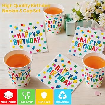 175Pcs Happy Birthday Paper Plates and Napkins Sets, Happy Birthday Party Supplies Set Birthday Dots Design Disposable Birthday Party Decorations Tableware Set for Kids Boys Girls, Serves 25 Guests