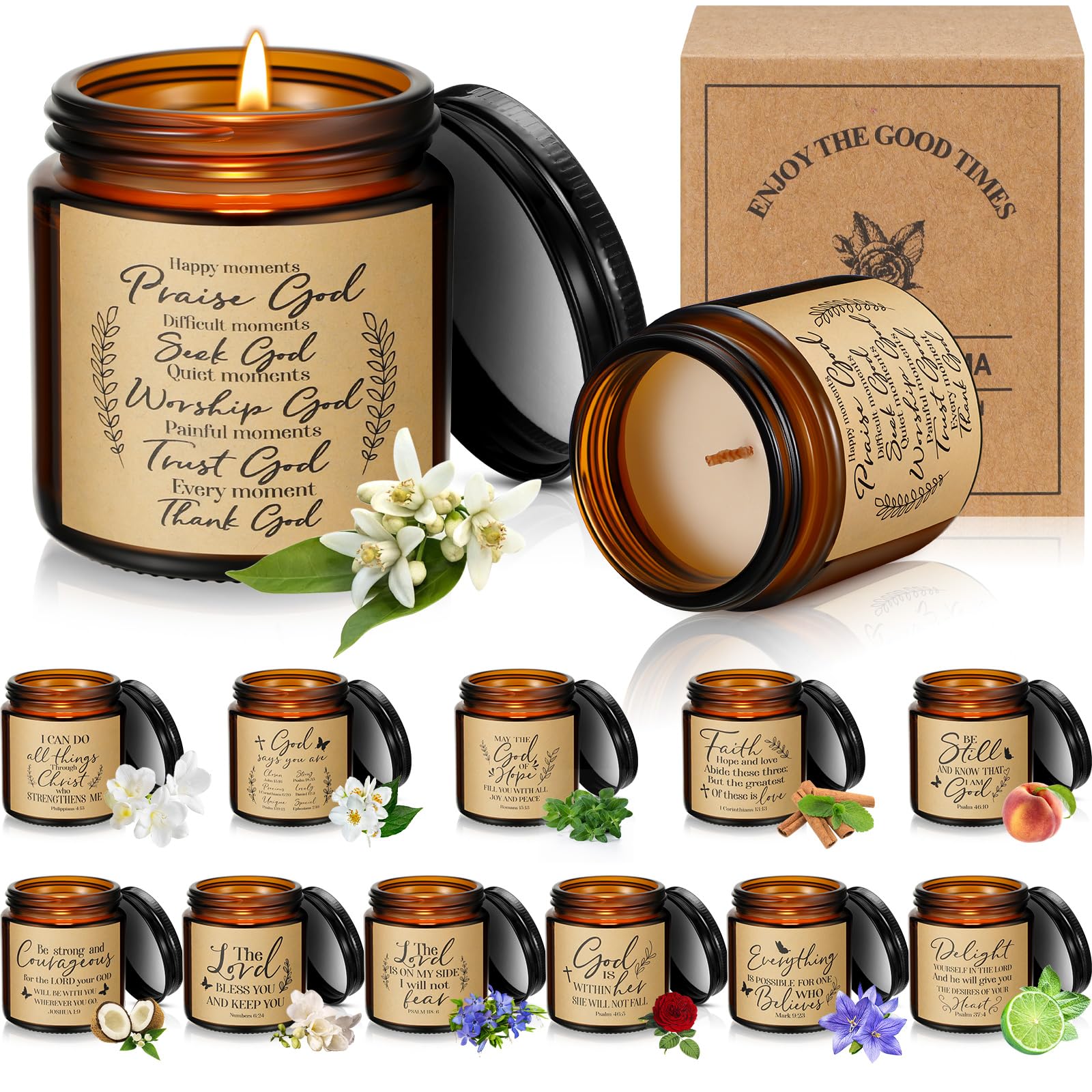 Landhoow 12 Jars Christian Religious Scented Candle 3.5oz Catholic Bible Verses Candle for Women Easter Birthday Thank You Gifts for Employee Inspirational Coworkers Gifts(Classic)