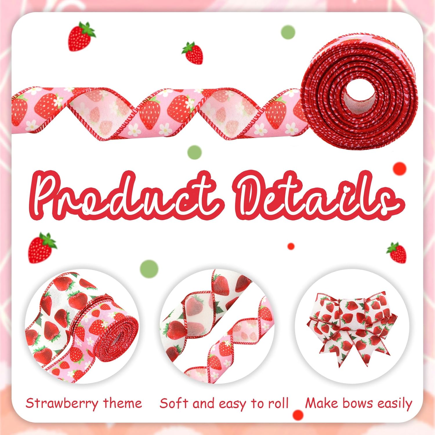 Strawberry Wired Ribbon 2Rolls - 10Yards, Red and White Strawberry Fabric Ribbon Roll Fruit Theme for Baby Shower, Gift Wrapping, Spring Summer Party Wreaths, DIY Crafts, Trims, Hair Bow Making - Image 3