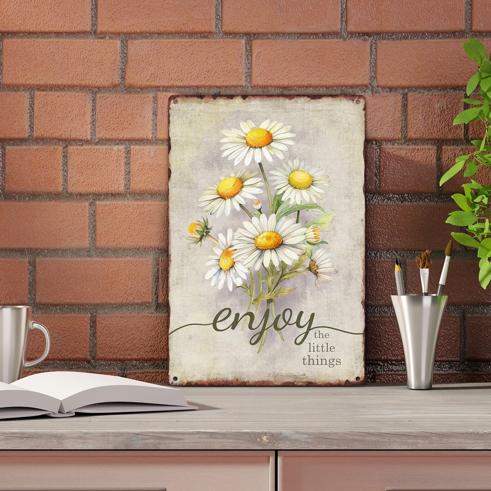 Targa Decorativa In Metallo 20x30 Cm - Motivo Floreale Rosa Vintage - Antiruggine Per Interni/Esterni
