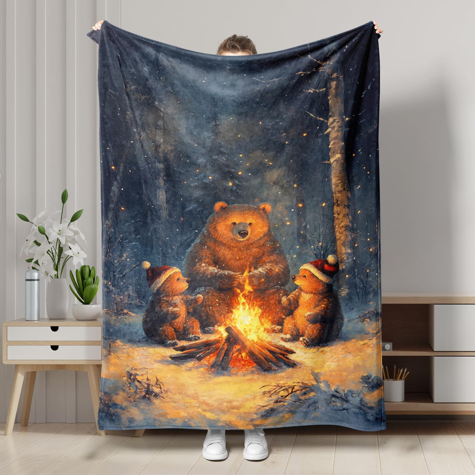 Winter Bear Campfire Fleece Blanket, Cozy Brown Forest Throw Blanket, Holiday Snuggly Comfort Blanket for Sofa, Bed, All Season 40x50 Inch