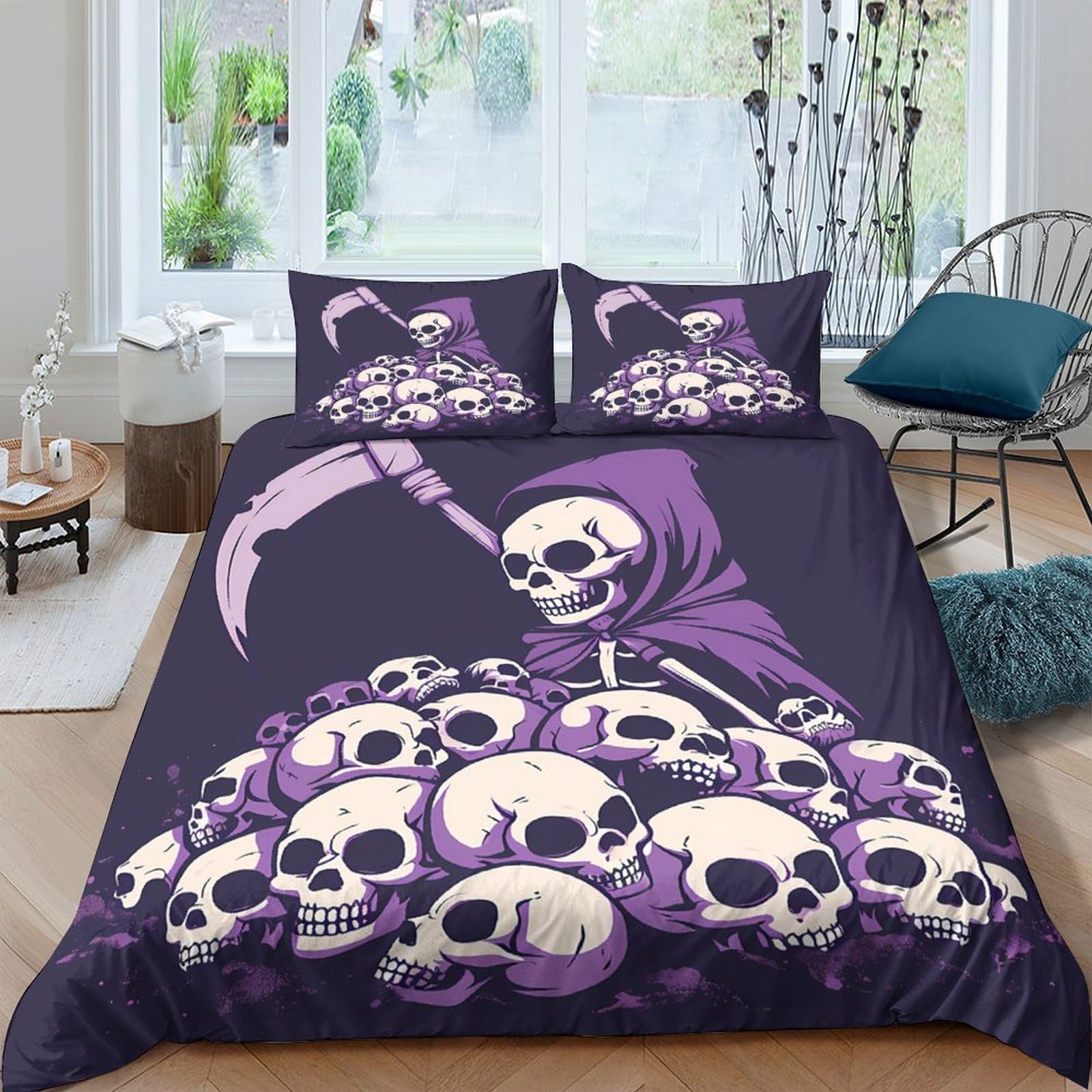 GPLZQXKJNH 3D Printed Grim Reaper Skull Duvet Cover Set Microfiber Soft Breathable Gothic Bedding with 2 Pillowcases for Bedroom Decor Single（135x200cm）