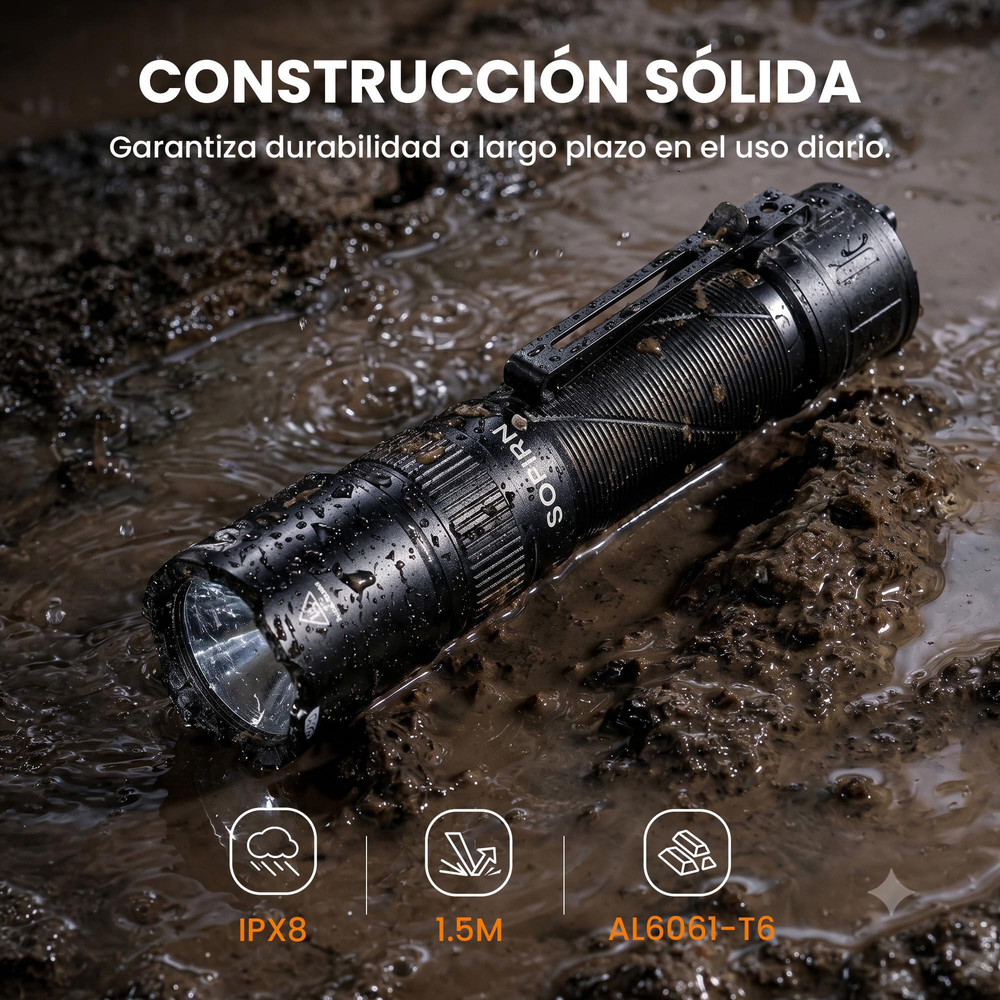 Sofirn Linterna táctica SK31, 6800 lúmenes y rango de 395 m, linterna LED, recargable con USB-C, IPX8 resistente al agua, 9 modos para exteriores, camping y autodefensa