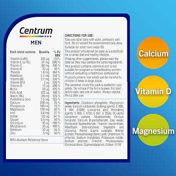 Centrum Multivitamin for Men, 23 Essential nutrients Including Vitamin D, C, and Magnesium, 60 Tablets (Packaging May Vary)