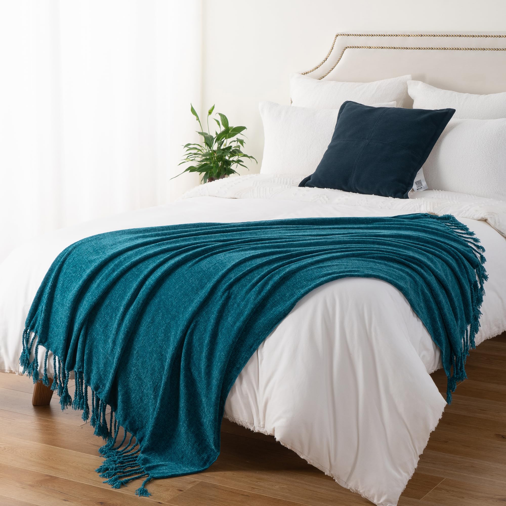 BATTILO HOME Teal Blue Throw Blanket for Sofa Bed Couch Soft Cozy Chenille Throw Blanket with Fringe Tassels - Image 3