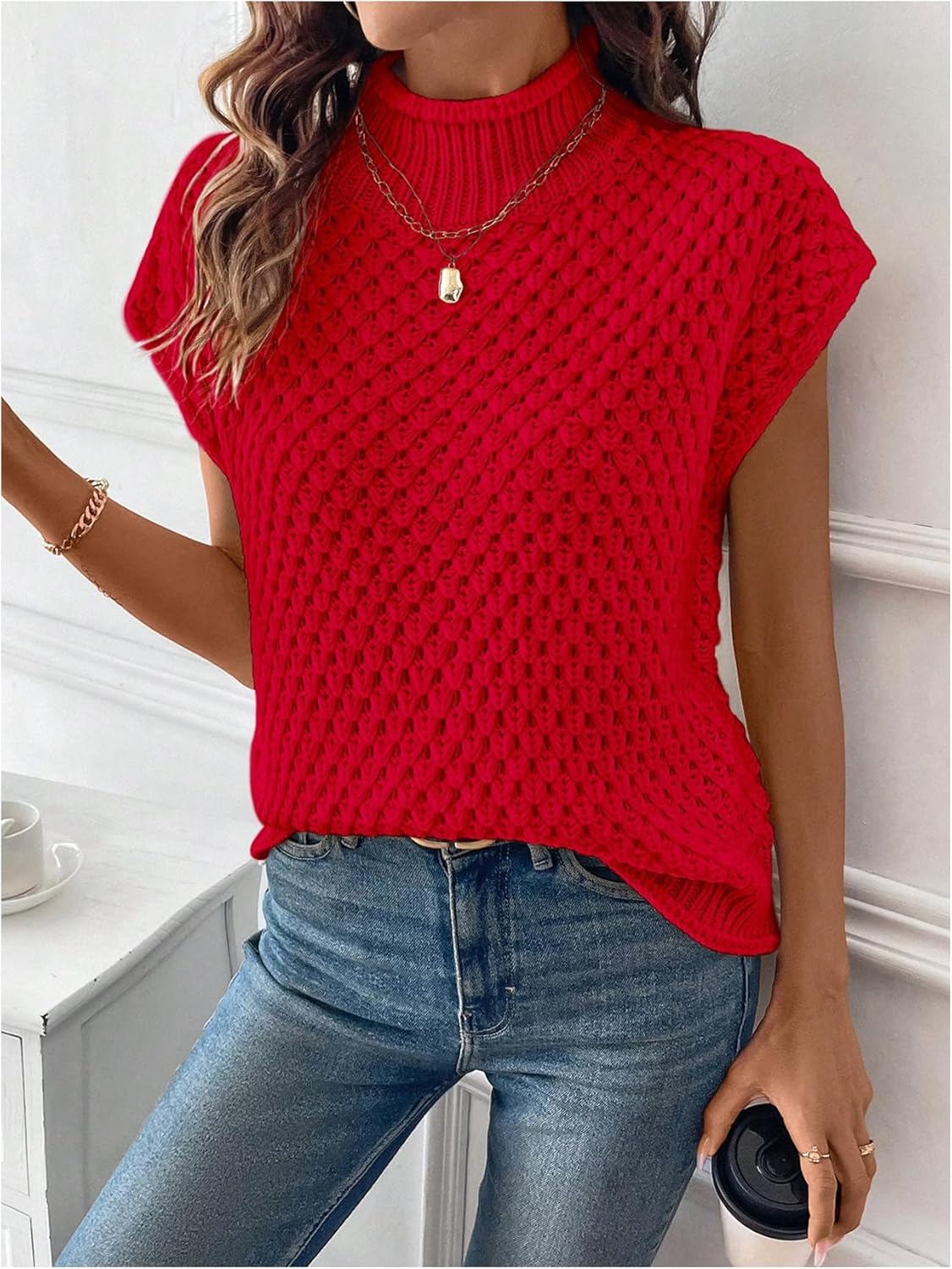 SHENHE Women's Sweaters Vest Cap Sleeve Turtleneck Crochet Knit Tops Short Sleeve Sweater Fall Pullover Top - Image 5