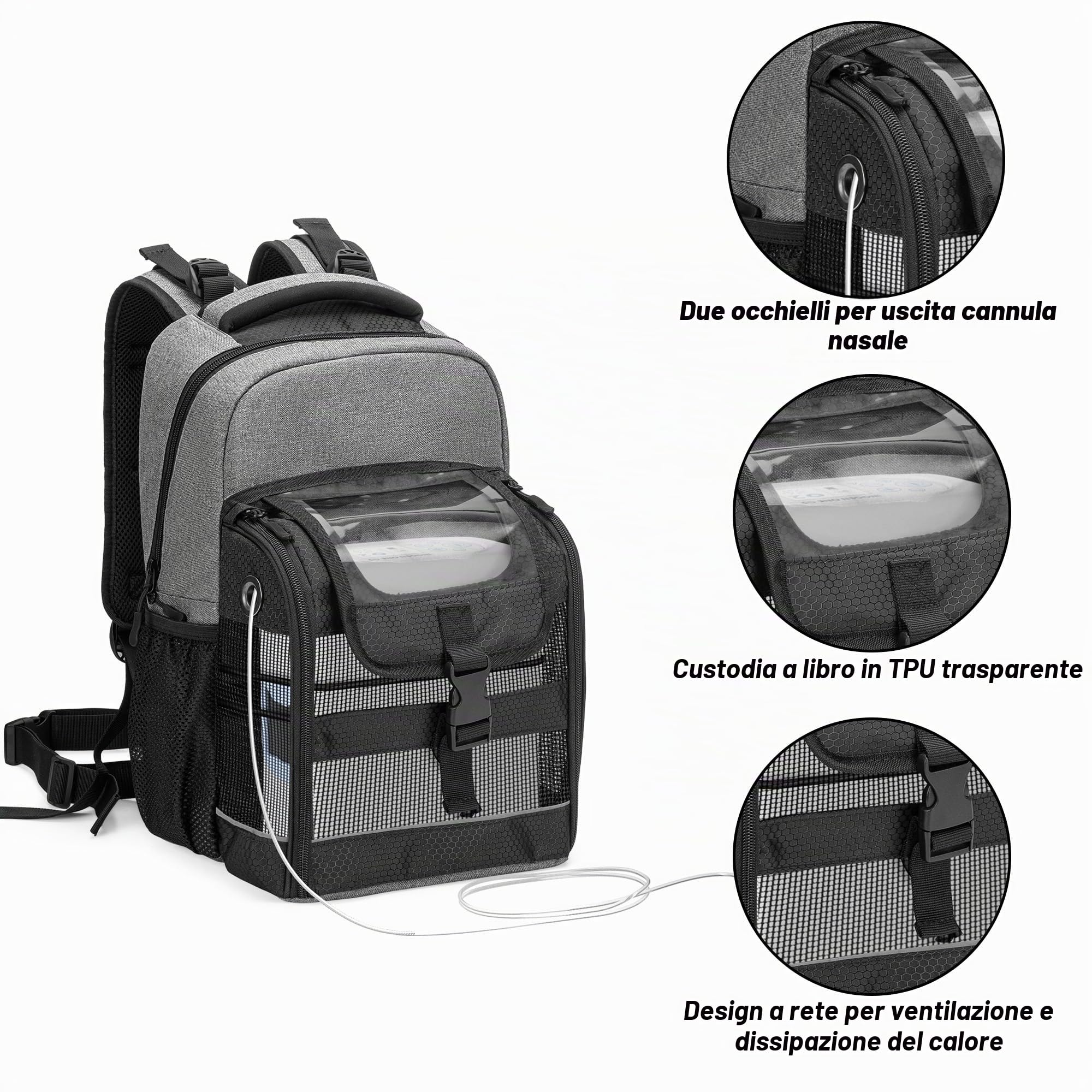 Trunab Borsa da Viaggio per Concentratori di Ossigeno Portatili, Borsa POC con Coperchio Trasparente e Tasche Multiple Compatibile con Inogen One, Cairo Freestyle Comfort, Oxygo, SimplyGo Mini, Grigio