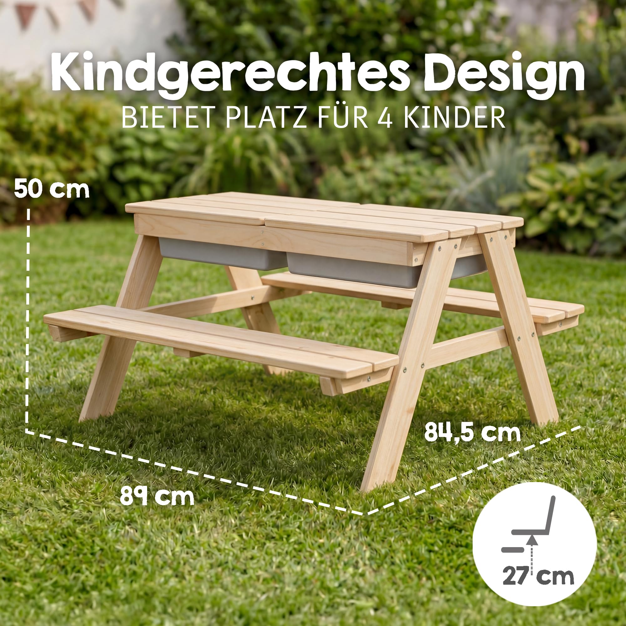roba set di seduta per bambini “PLAY for 4” Outdoor+ con vaschette da gioco, set in legno massiccio e tavolo per fango