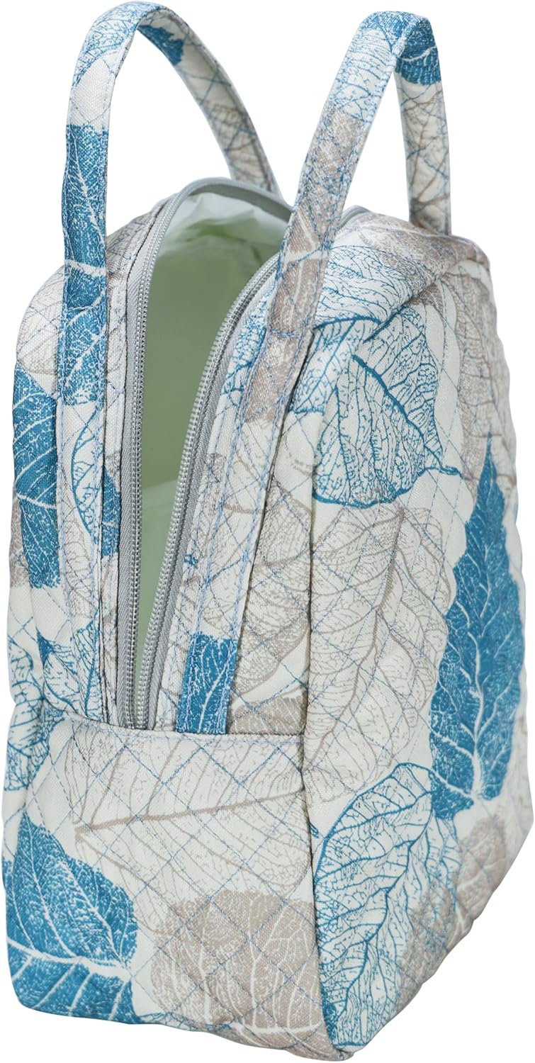 Large Quilted Fabric Cotton Reusable Inusulated Lunch Tote Bag Cooler Snack Bag Women Pretty Thermal Lunch box Storage Gift Bag for Work & Outdoor (Leaves) - Image 7