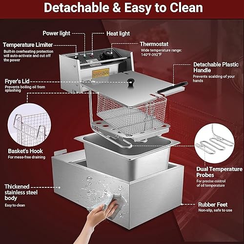 Miniatura 6 de Freidora eléctrica de 1700 W, 6 L, cesta comercial para freír restaurante de encimera, olla de aceite de acero inoxidable con tanque extraíble,