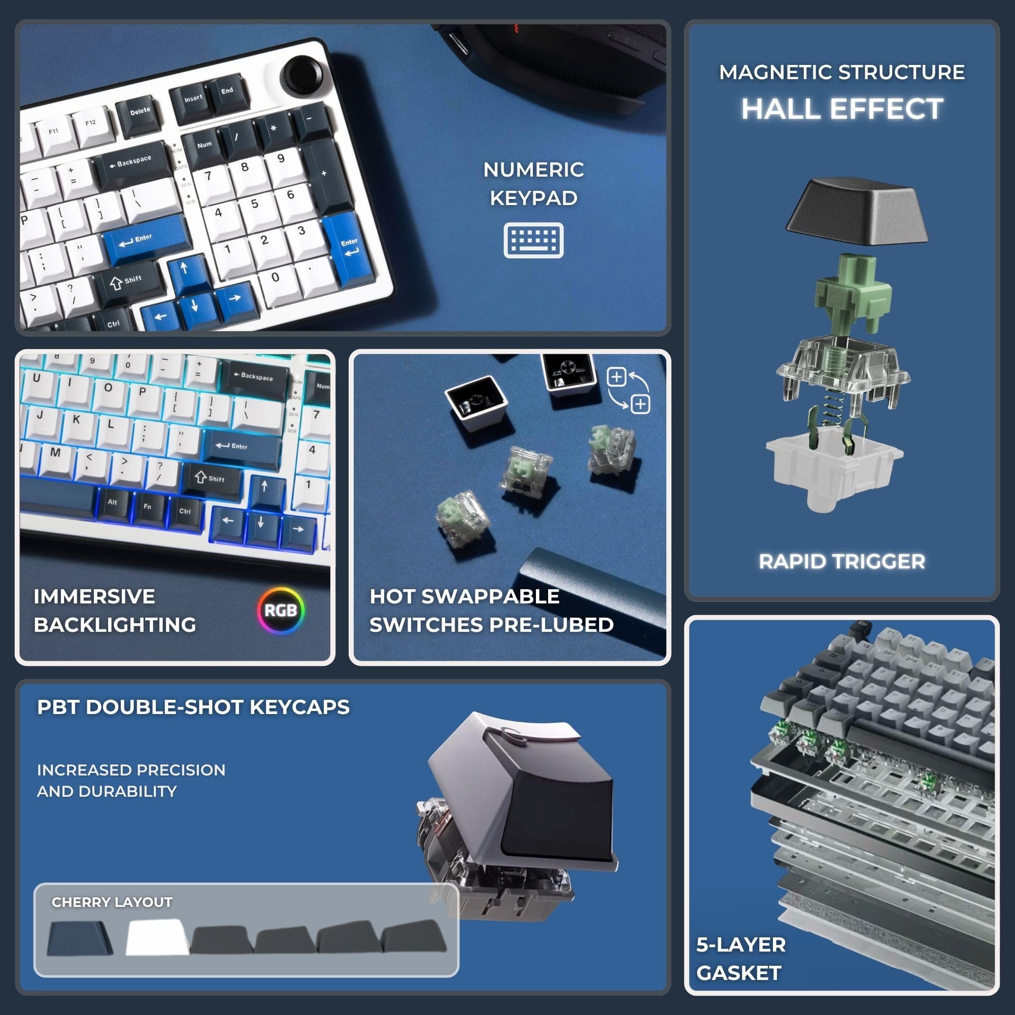 The G-Lab - KEYZ Elite 400 HE BW - Magnetyczna Klawiatura Gamingowa Hall Effect 96% QWERTY US, Przewodowa USB, 8000 Hz Rapid Trigger, Regulowana Aktywacja 0,01 mm, PBT Hot-Swap, RGB i Makra - Win/Mac