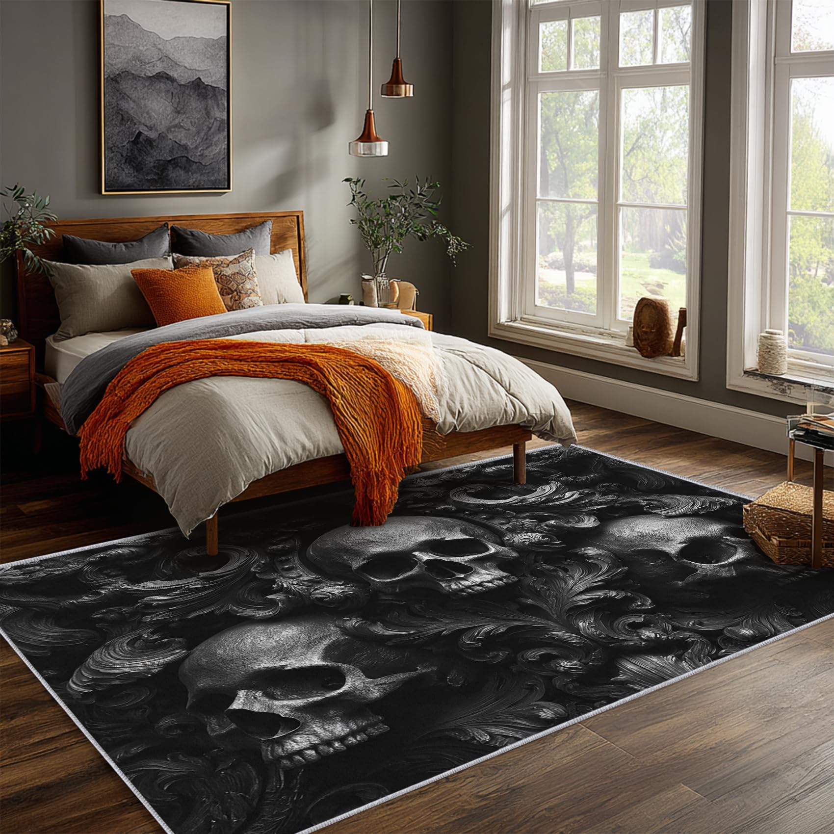 Tapis Tête De Mort Salon 120x170 cm Motif 3D Gothique Jacquard, Tapis Lavable Antidérapant Doux Poil Court, Decoration Chambre Descente De Lit Carpet