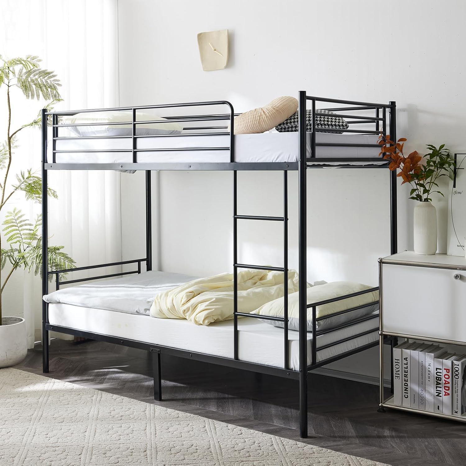 Karlhome Twin Over Twin Bunk Bed, Bunk Beds for adults, Kids Bunk Bed, Single Bunk Bed with Ladder and Guard Rails, Heavy Duty Metal BunkBeds for Teens, Adults - No Box Spring Needed, Black