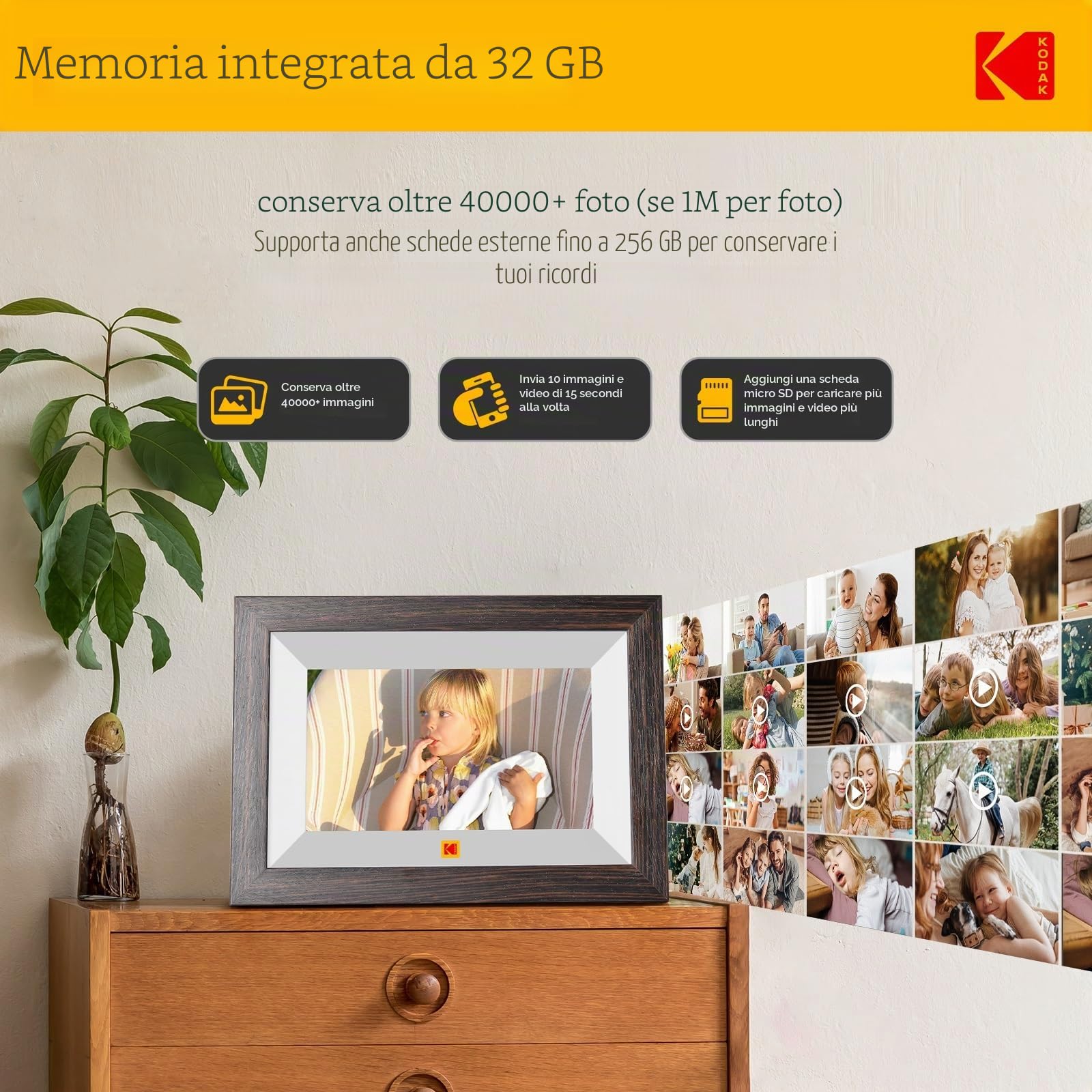 KODAK Cornice Digitale WiFi Cornice Foto Digitale, 7 Pollici HD IPS Touchscreen, Legno Cornici Elettronica con 32GB di Memoria, Portafoto Digitale Condivisione di Foto/Video via APP o Cavo di USB C