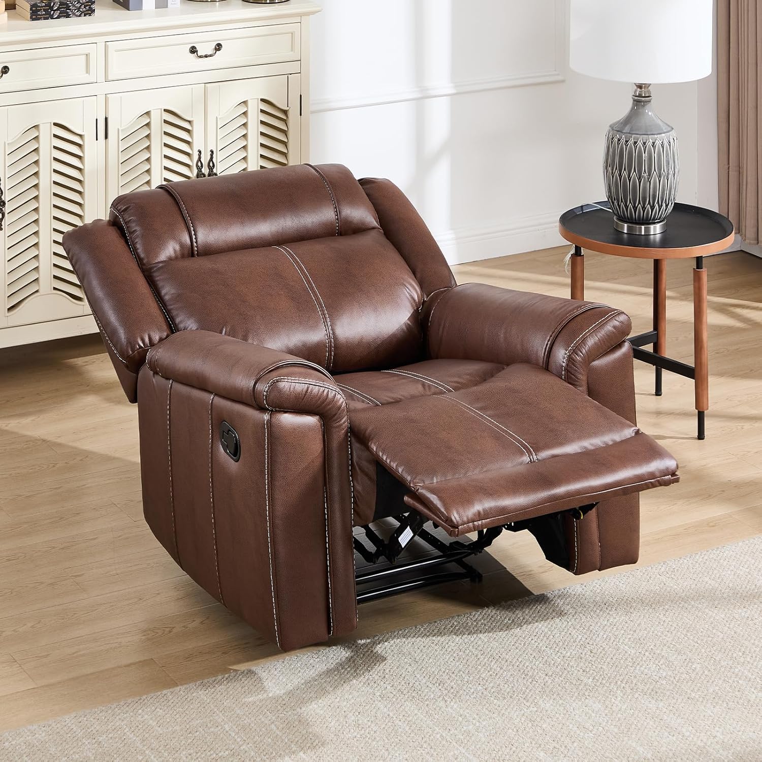 EBELLO Faux Leather Recliner Chair, Manual 1 Seater Chair, Mid-Century Modern Reclining Sofa with Padded Headrest and Armrest, for Living Room, Meeting Room, Brown