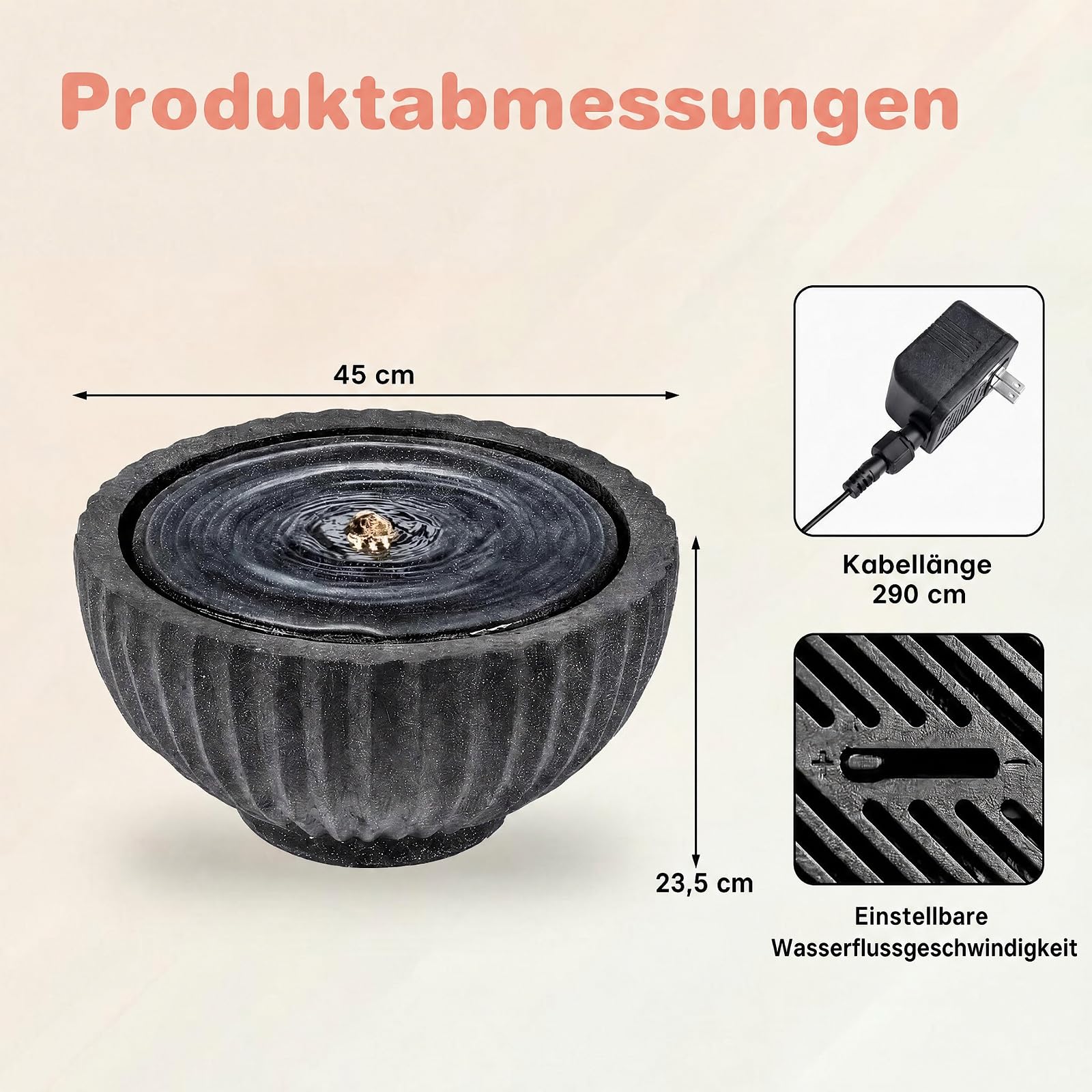 GYMAX Fuente de Jardín Redonda,Fuente Decorativa | Fuente de Agua con Iluminación LED, Bomba Ajustable y Resina Resistente para Salón, Patio y Terraza, 45 x 23,5 cm