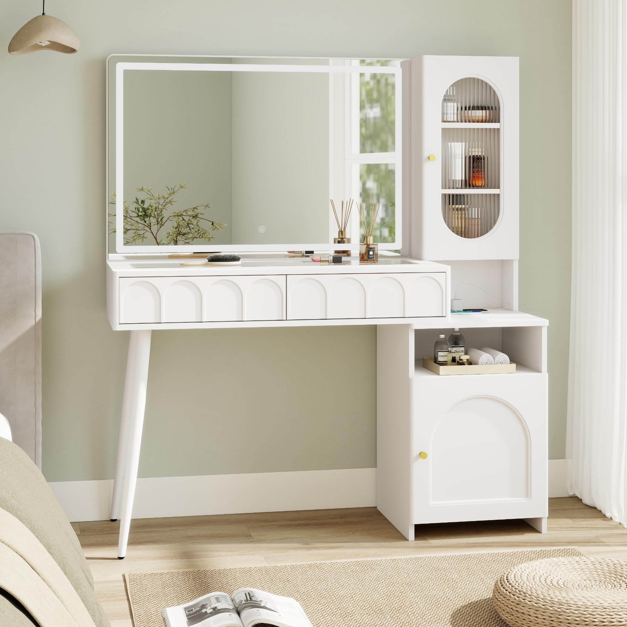 - Vanity Desk with Mirror and Lights, 48'' Makeup Vanity with Arch Groove, Fluted Modern Vanity with Glass top & Storage Cabinet, 3 Lighting Modes Adjustable Brightness for Bedroom, White