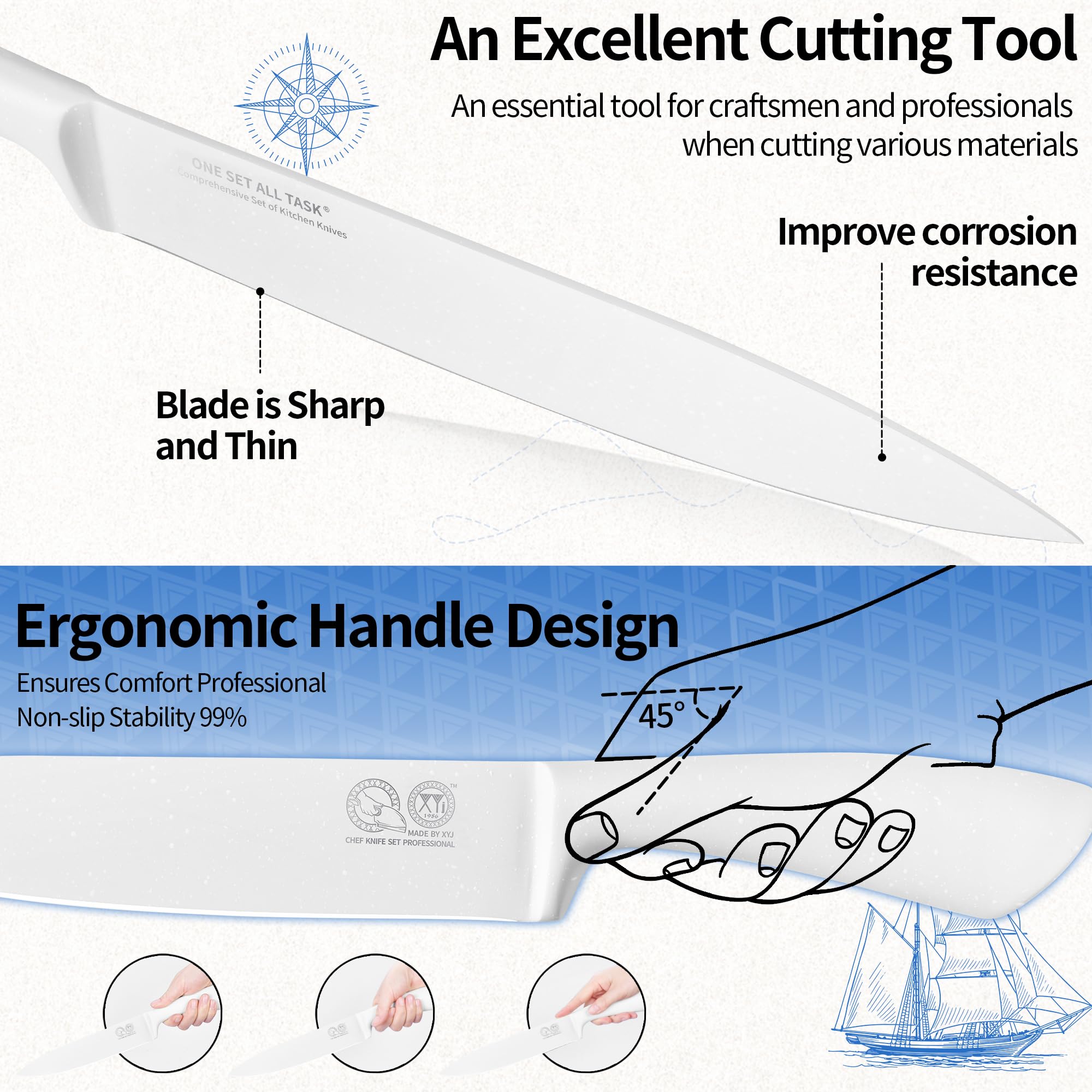 XYJ Authentic Since 1986 - Set di coltelli da cucina con portacoltelli, in acciaio inox, coltello da chef giapponese, coltello da bistecca, coltello per intagliare e affettare, Santoku