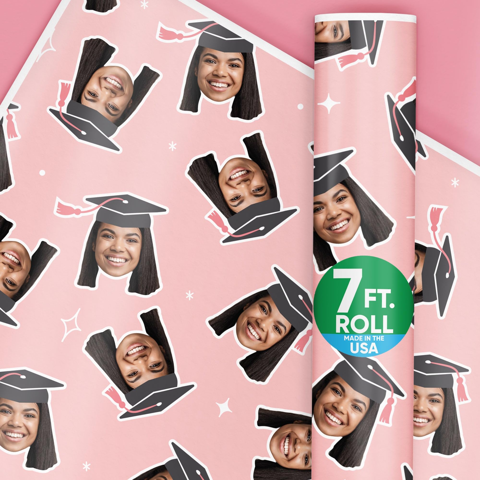 Big Dot of Happiness Personalized Photo Rose Gold Graduation Wrapping Paper, Cap with Tassel Head Picture Cutout, Custom Gift Wrap Supplies for Pink