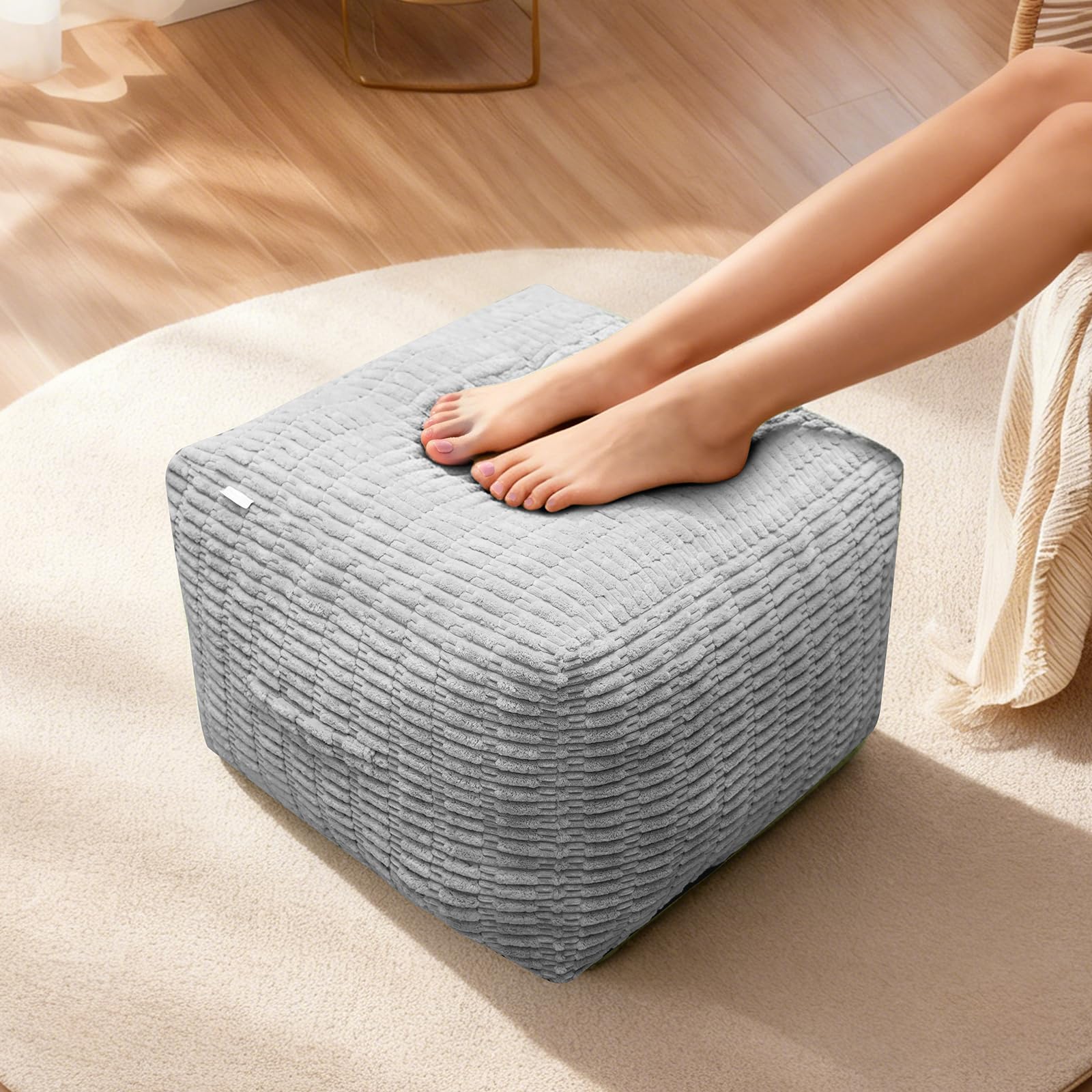 Photo 1 of FOMU Corduroy Pouf Ottoman, 22" x 22" x 14", Light Grey