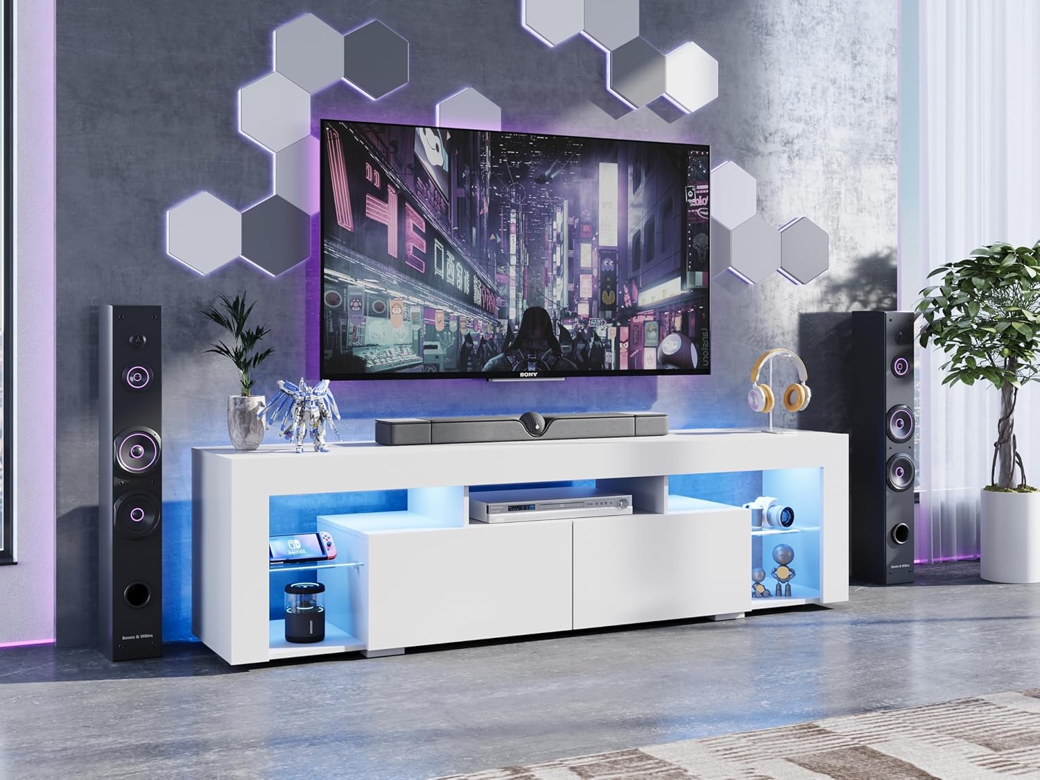 WLIVE TV Stand for 65 to 70 Inch TV, Modern Entertainment Center with LED Lights & 2 Large Storage Drawers, Wood TV Console for Living Room, Bedroom(White) - Image 2