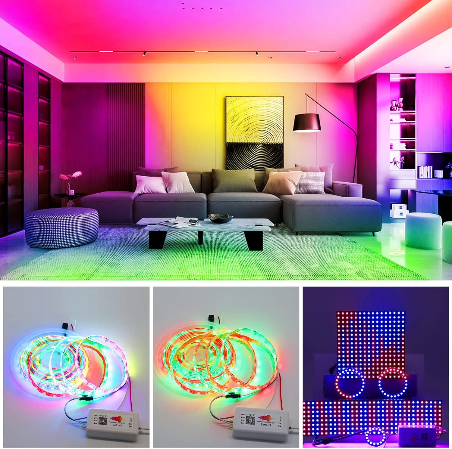 SP107e LED Controller, Music-Sync RGB Pixel Controller for WS2812b/Ws2811/SK6812 LED Strips & Screen Lighting, APP-Controlled Smart System with Real-Time Audio Effects