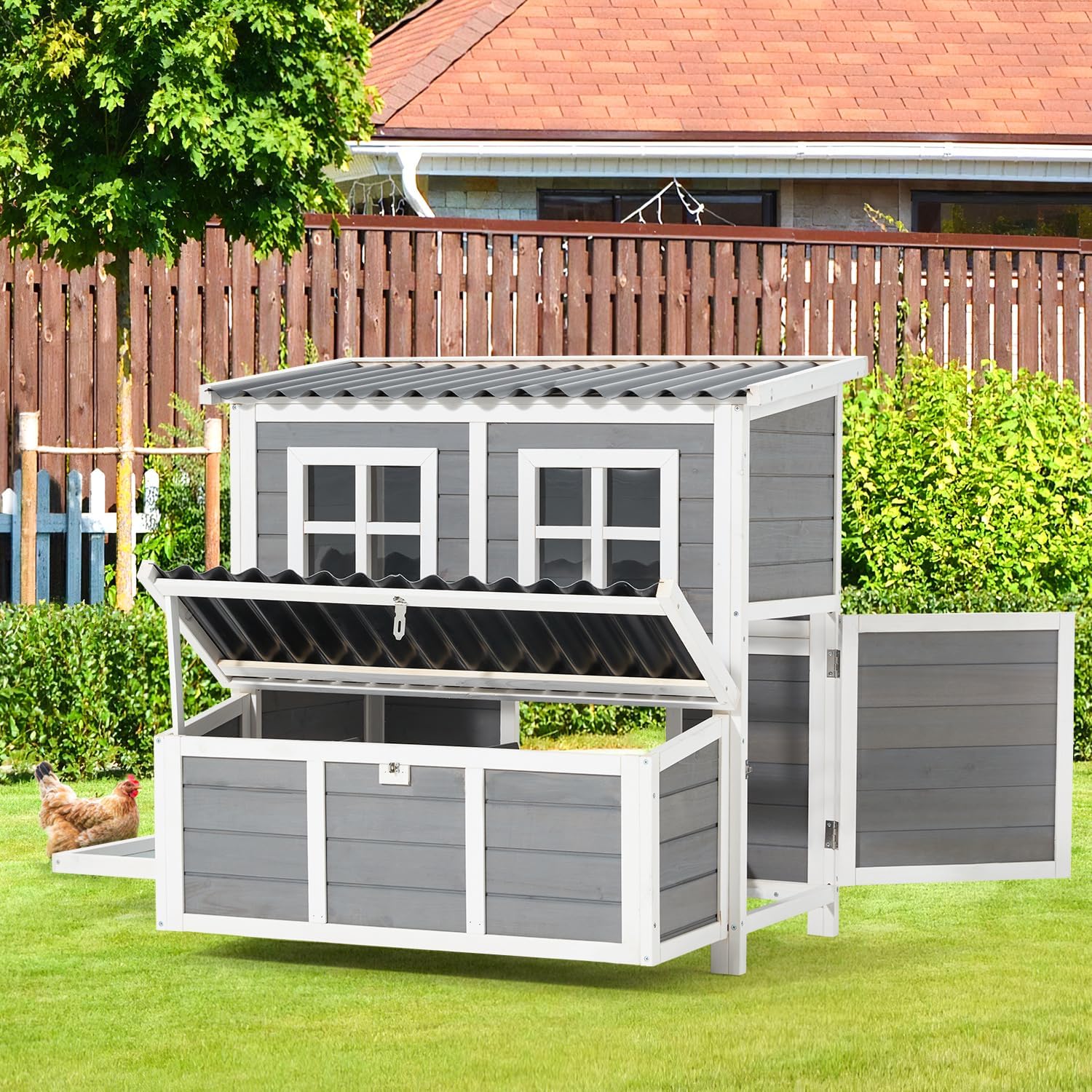 AECOJOY 40" Large Wooden Chicken Coop Hutch for 4-6 Chickens - 3 Lockable Nesting Boxes, Removable Tray, Raised Perches, Outdoor Hen House