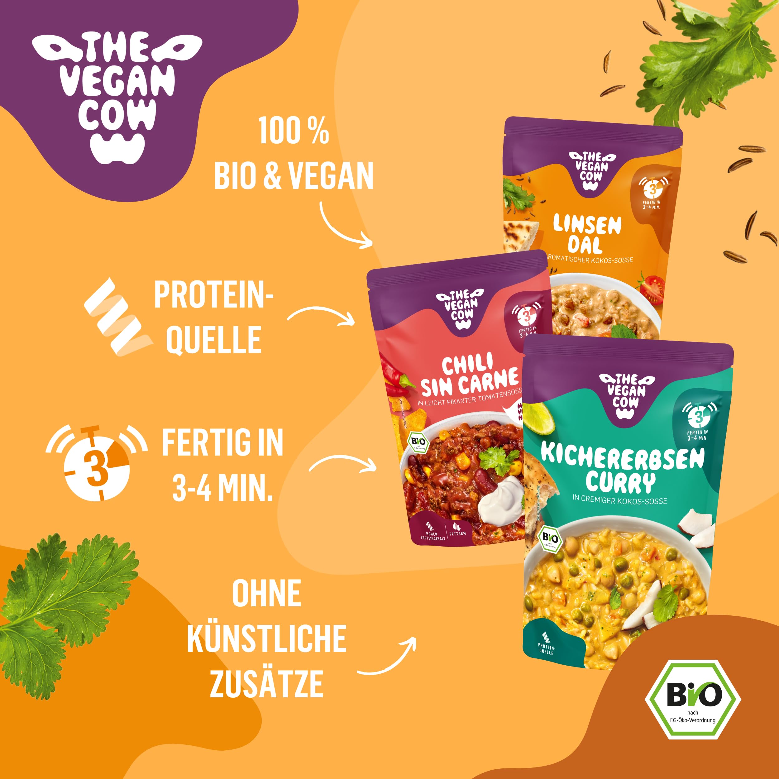 THE VEGAN COW | Probierpaket | 3 Bio-Fertiggerichte | Chili sin Carna |  Linsen Dal | Kichererbsen Curry | Proteinreich & allergenfrei | 100%  plfanzlich | ohne knstliche Zustze | lange Haltbarkeit : Amazon.de:  Lebensmittel & Getrnke