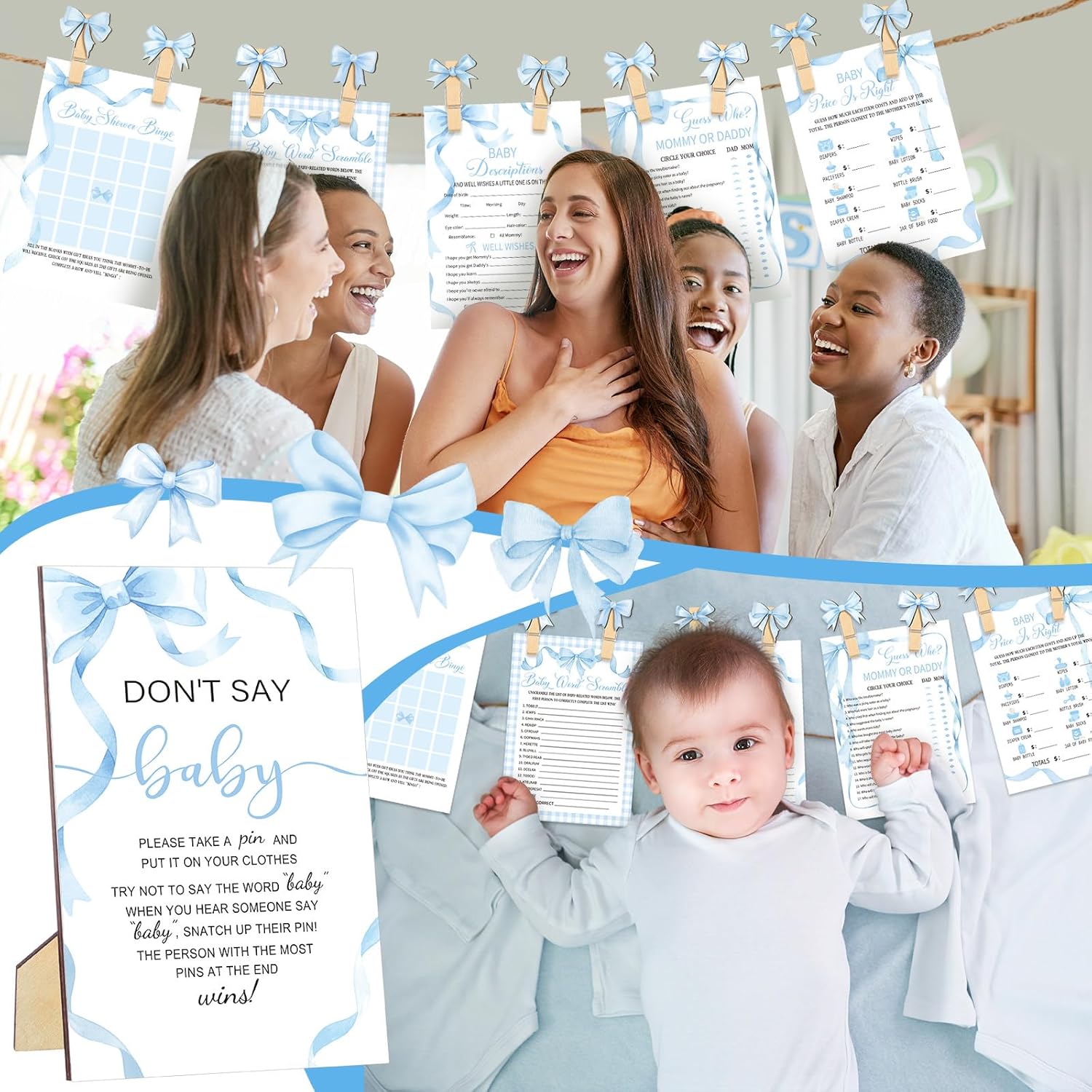 Patelai 321 Pcs Blue Bow Baby Shower Games Supply for Boy 5 Set Include 250 Activity Cards 20 Pencils 1 Don't Say Baby Sign 50 Clothespins for Price is Right Prediction Bingo Game Party Decor
